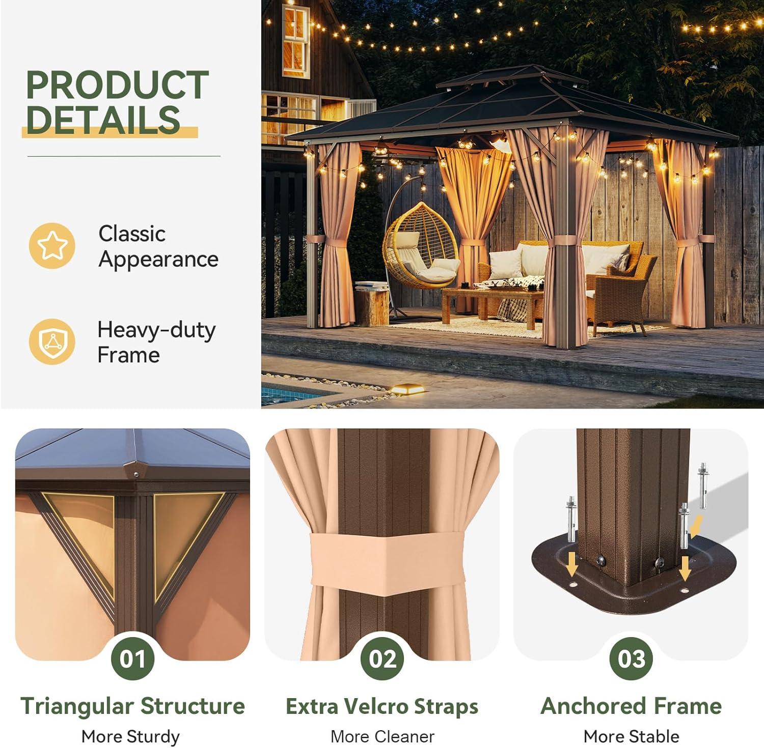 Aoxun 10'x12' Hardtop Gazebo, Aluminum Frame Permanent Pavilion with Curtains and Netting, Outdoor Polycarbonate Gazebo, Double Roof Canopy, for Gardens, Patios, Lawns