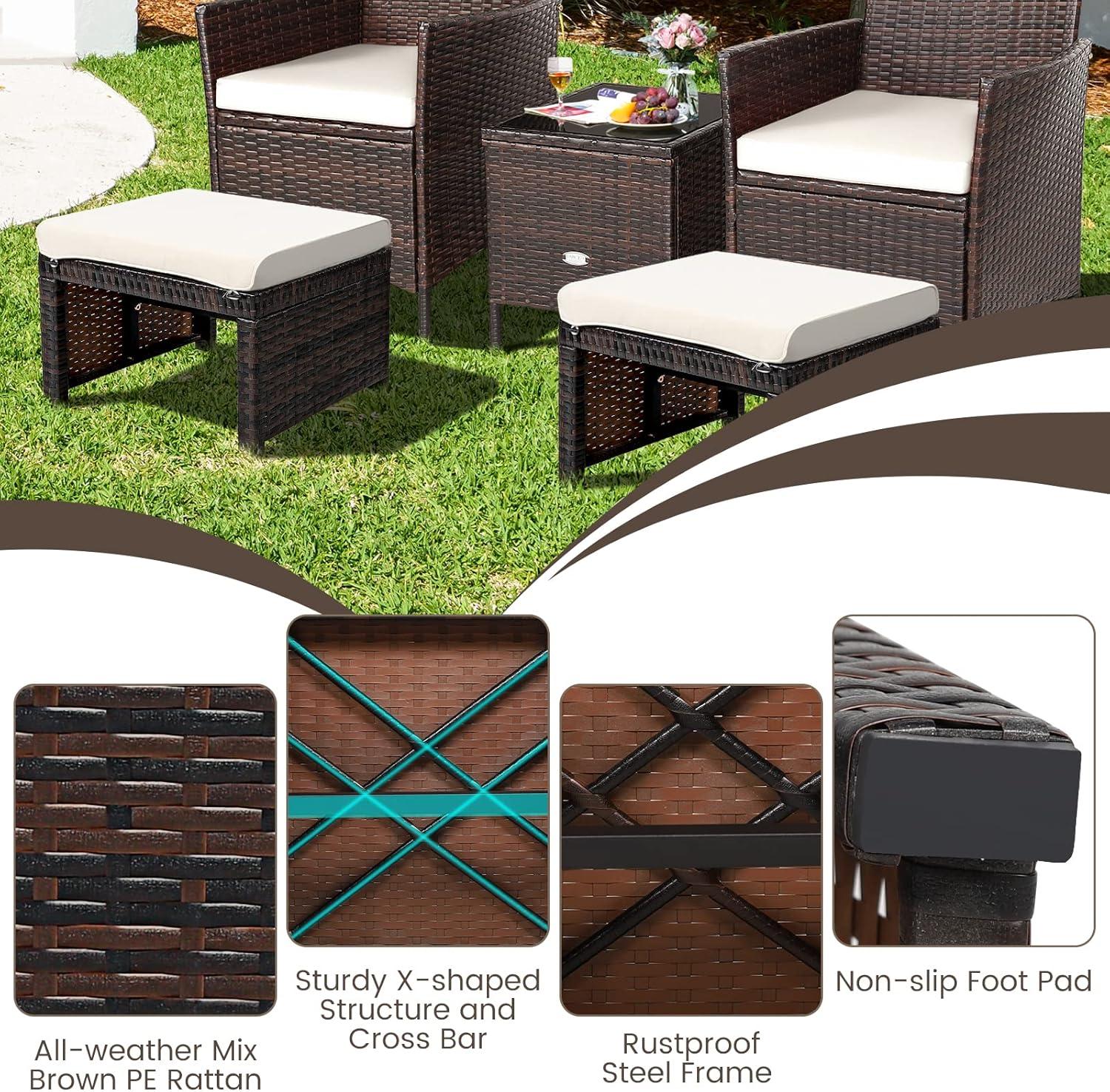Spaco 2 Pieces Outdoor Patio Rattan Wicker Ottoman Set with Soft Cushion for Garden, Balcony, Poolside, White