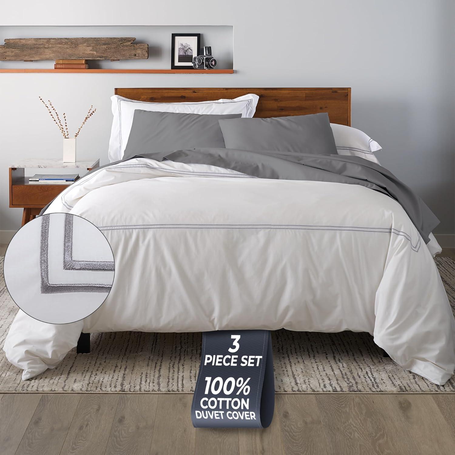 Ella Jayne 100% Cotton Percale 3 Piece Duvet Set, King, Stone, White with Stone Satin Stitching