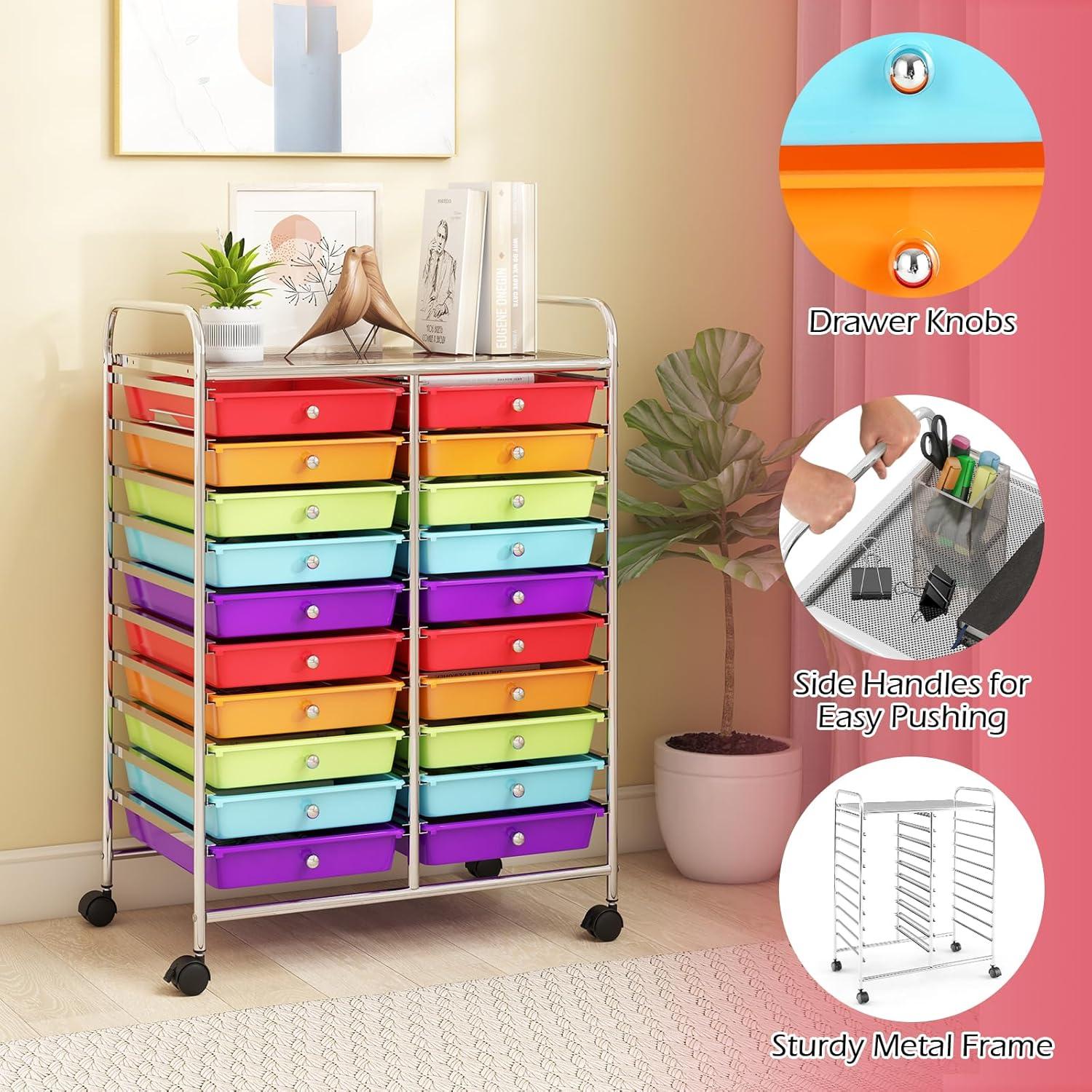 20-Drawer Organizer Cart Tools, Mobile Utility Storage Cart with Detachable Drawers & Lockable Wheels, Rolling Storage Cart with wheels for Home Office School(Multicolor)