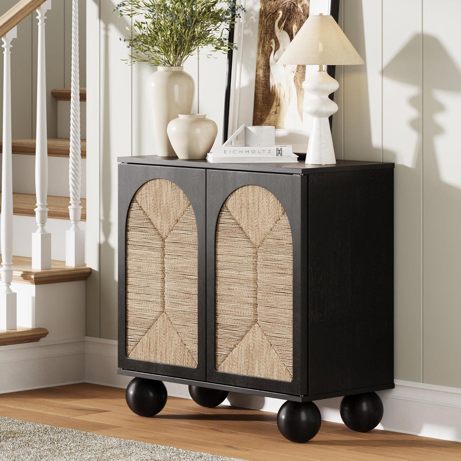 Nathan James Boho Storage Cabinet with Ball-Style Feet and Seagrass Door Panels