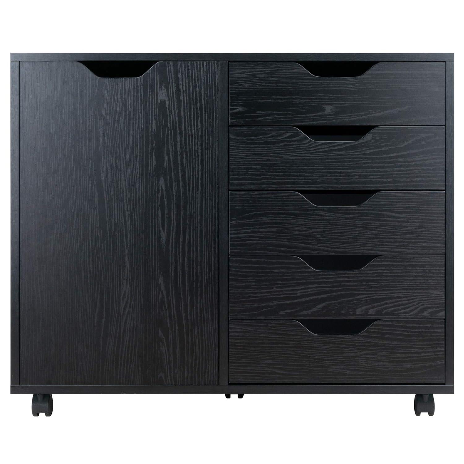 Halifax Cabinet with 5 Drawer & 1 Side Cabinet Black - Winsome: Mobile Storage Unit, Composite Wood, Modern Design