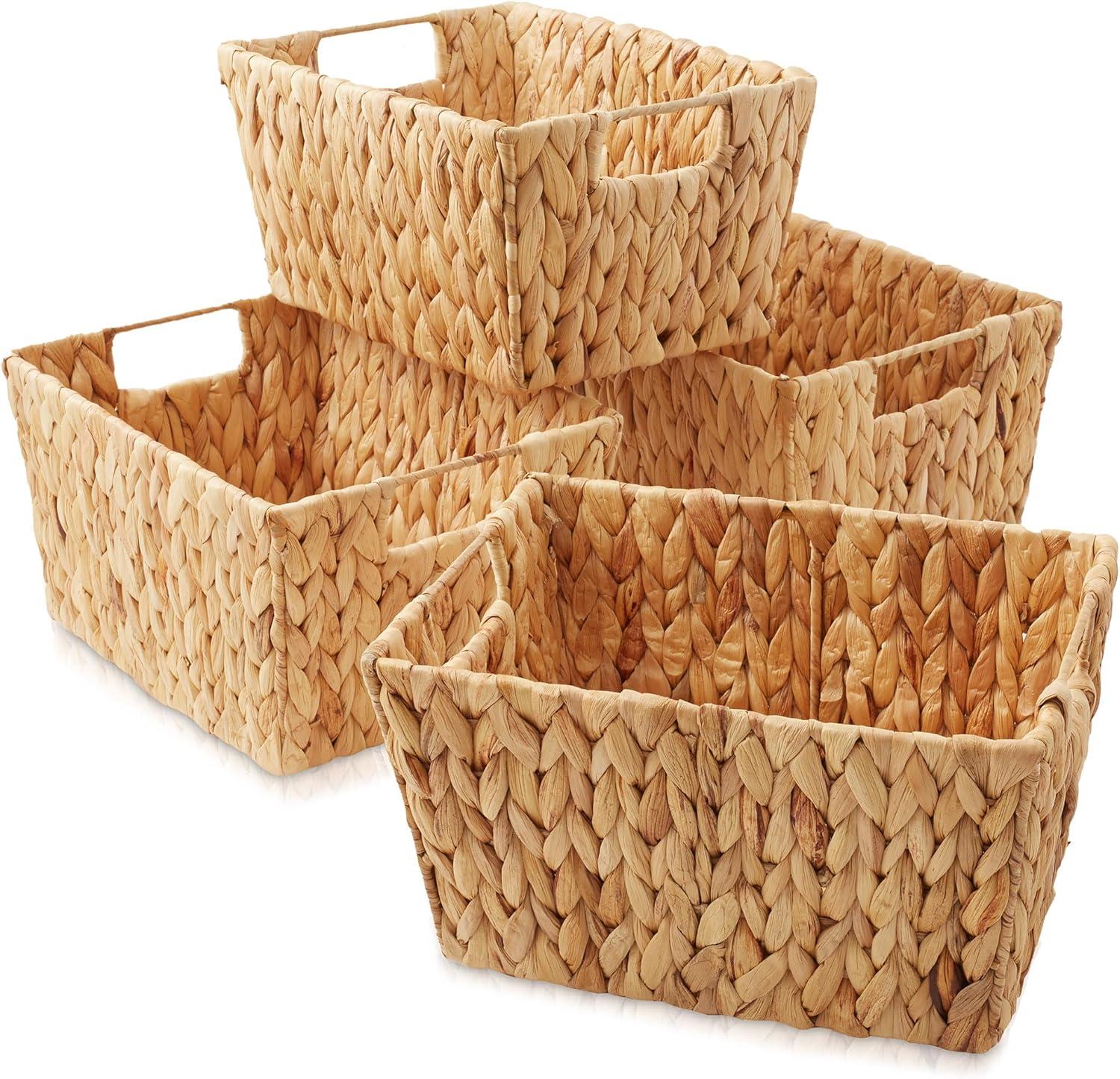 Casafield Set of 4 Water Hyacinth Storage Baskets with Handles, 12" x 9" x 6" Rectangular Storage Bins for Shelves, Blankets, Laundry Organization