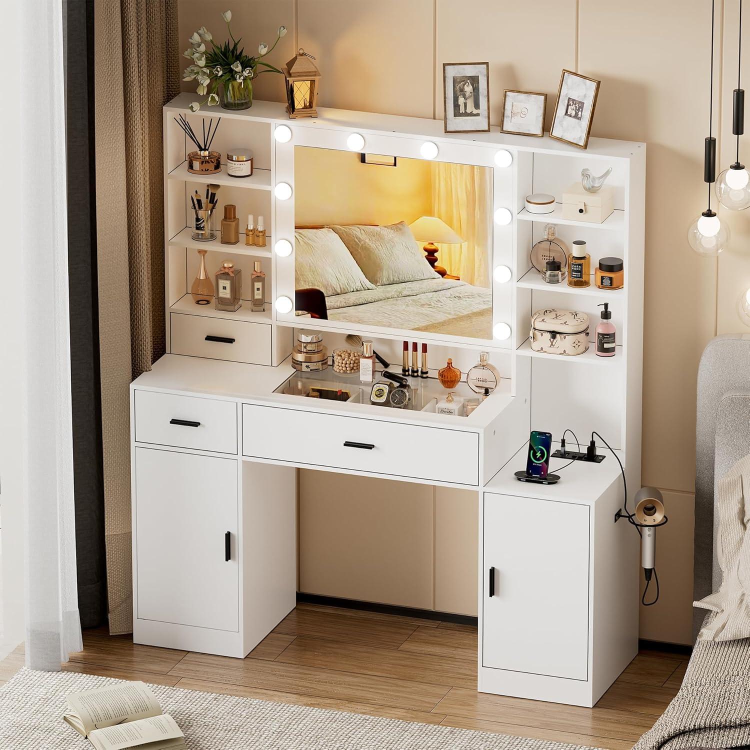 PAKASEPT Vanity Desk with Mirror and Lights, Corner Makeup Table with 3 Color Lighting, White Vanity with Power Strip & Hooks, Hidden and Open Shelves, Adjustable Brightness, 47.2 Inch