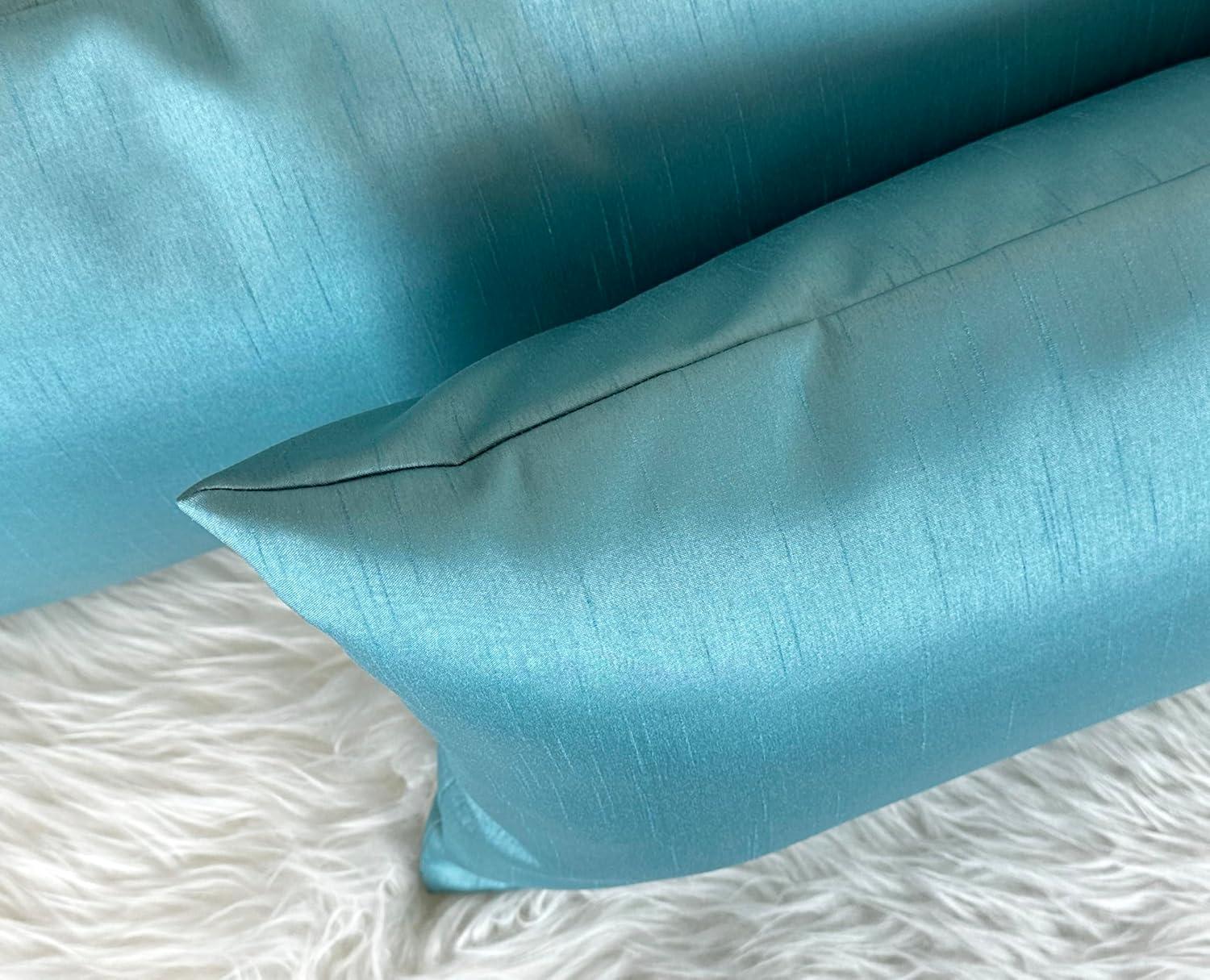 Aqua Faux Silk Rectangular Throw Pillow Set, 24" x 12"