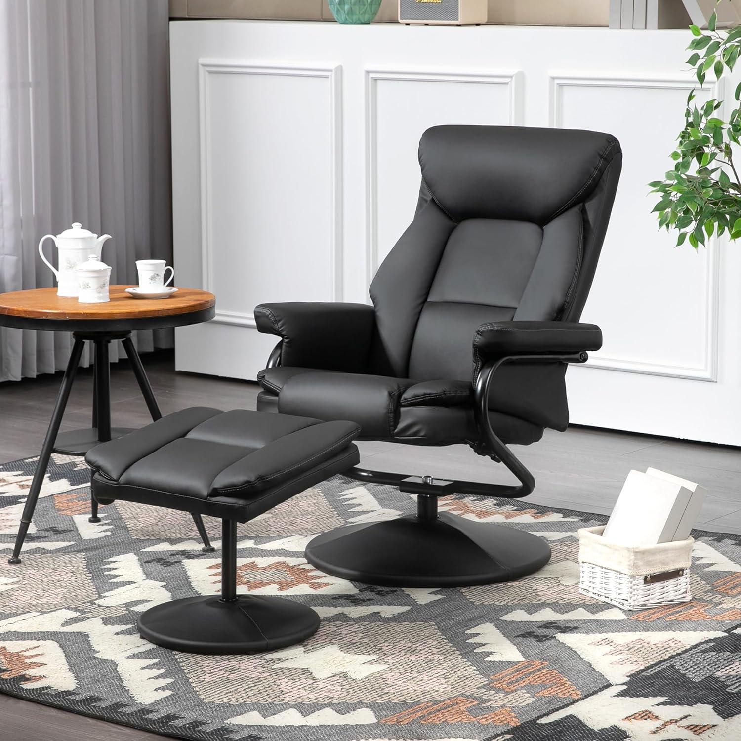 HOMCOM Recliner Chair with Ottoman Footrest, Swivel Reclining Chair, Faux Leather Living Room Chair with Adjustable Backrest and Wrapped Base, Black