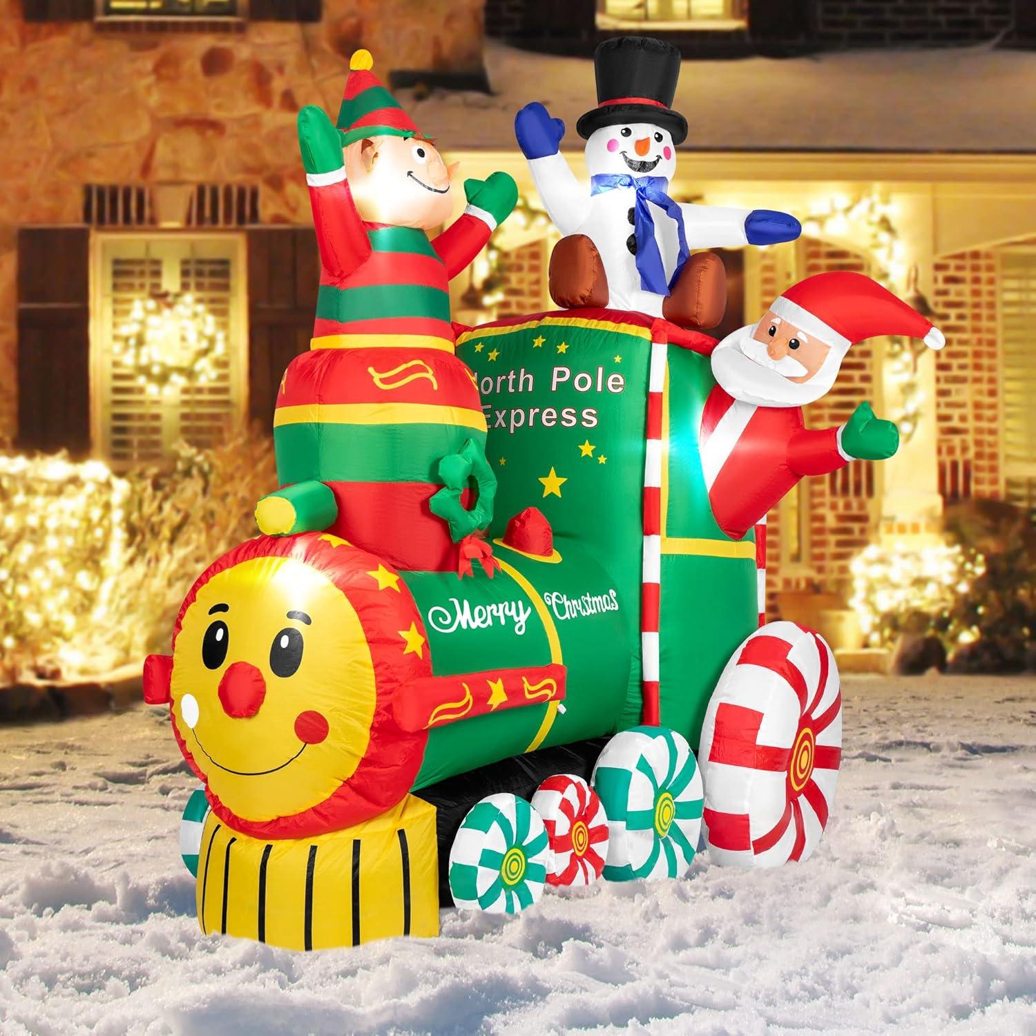 6ft Colorful Inflatable Christmas Train with Santa, Elf, and Snowman