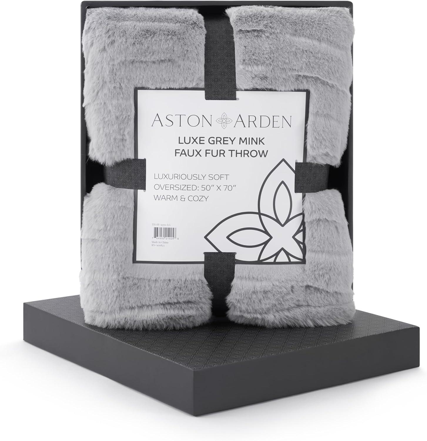 Aston & Arden Faux Fur Throw Blanket, Plush, Modern Jacquard Texture, Oversized 50x70, with Premium Gift Box