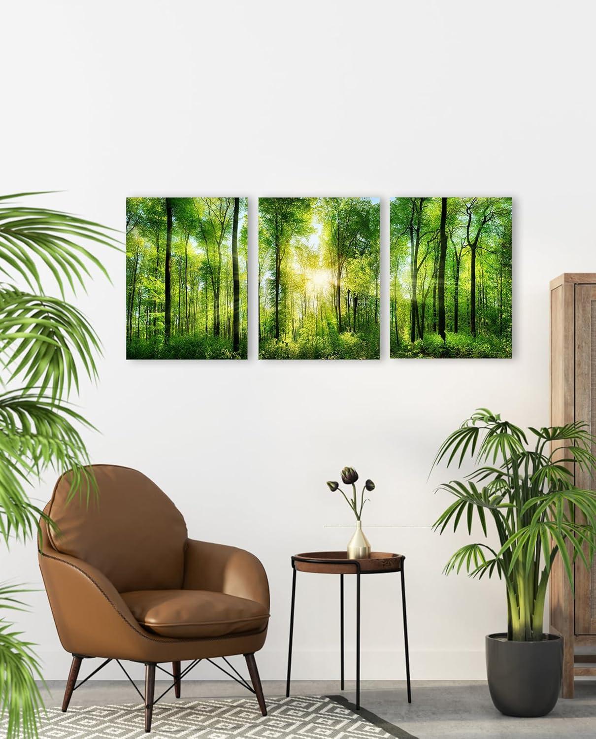 Forest Art Canvas Wall Decor: 3 Panel Nature Wall Art Landspace Paintings Framed Trees Green Pictures Sunrise Scenery Wall Decor for Living Room Bedroom Office Bathroom 12 x 16 Inch