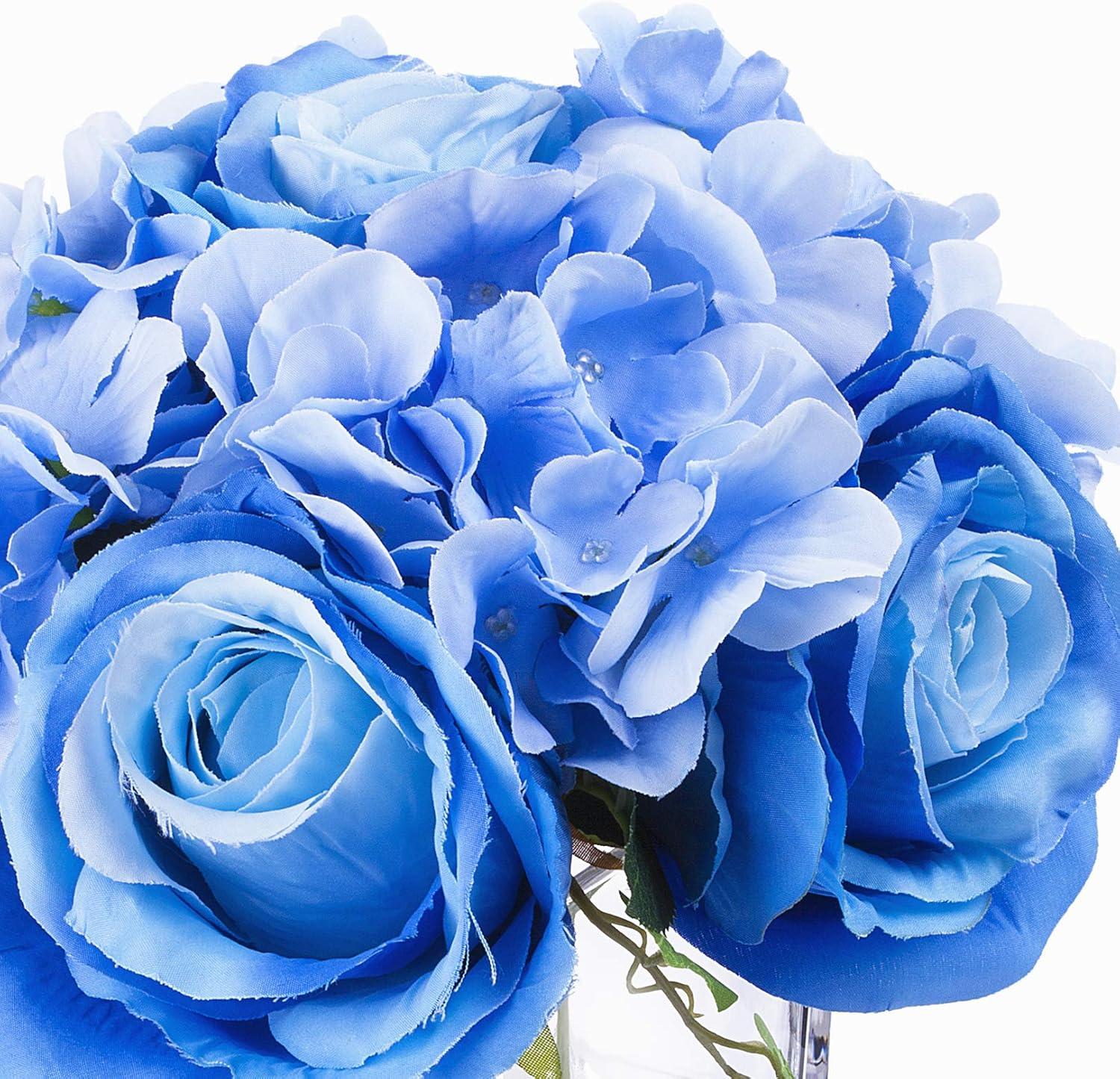 Enova Home Mixed Artificial Silk Hydrangea and Roses Faux Flowers Arrangement in Ceramic Pot for Home Office Wedding Decoration (Blue)