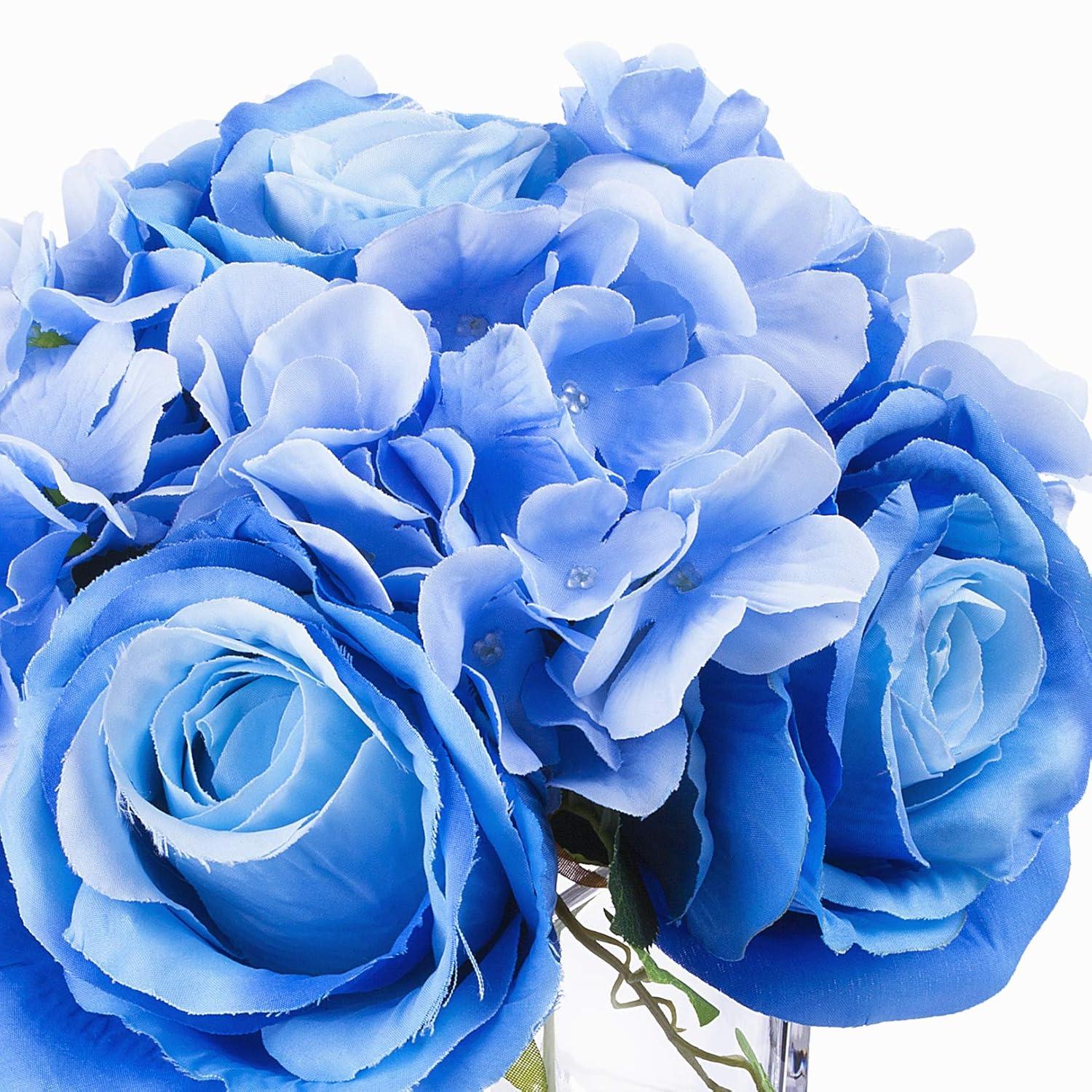 Enova Home Mixed Artificial Silk Hydrangea and Roses Faux Flowers Arrangement in Ceramic Pot for Home Office Wedding Decoration (Blue)