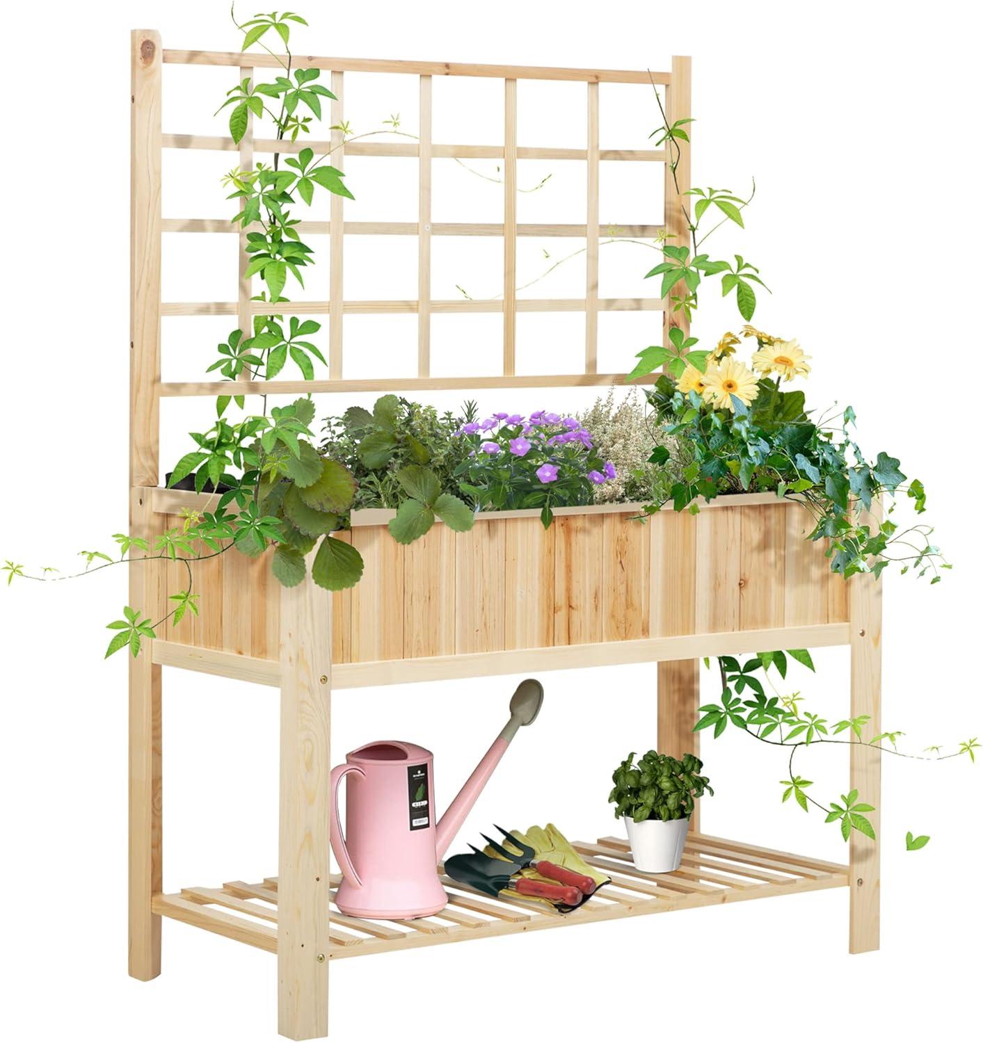 Outsunny 47'' Wooden Raised Garden Bed with Trellis, Coutryside Style Elevated Planter Box Stand with Open Storage Shelf, Spacious Planting Area for Vegetables, Herbs, Flowers