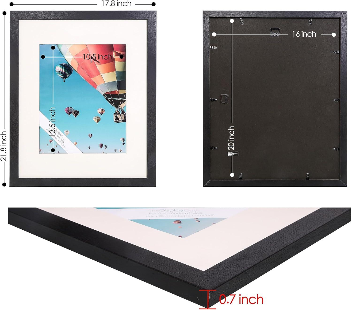 The Display Guys ~ 2 Sets of 16x20 inches Black Wooden Photo Frame, Tempered Glass, Luxury Made Affordable, with 1pc White Mat Board for 11"x14" Picture