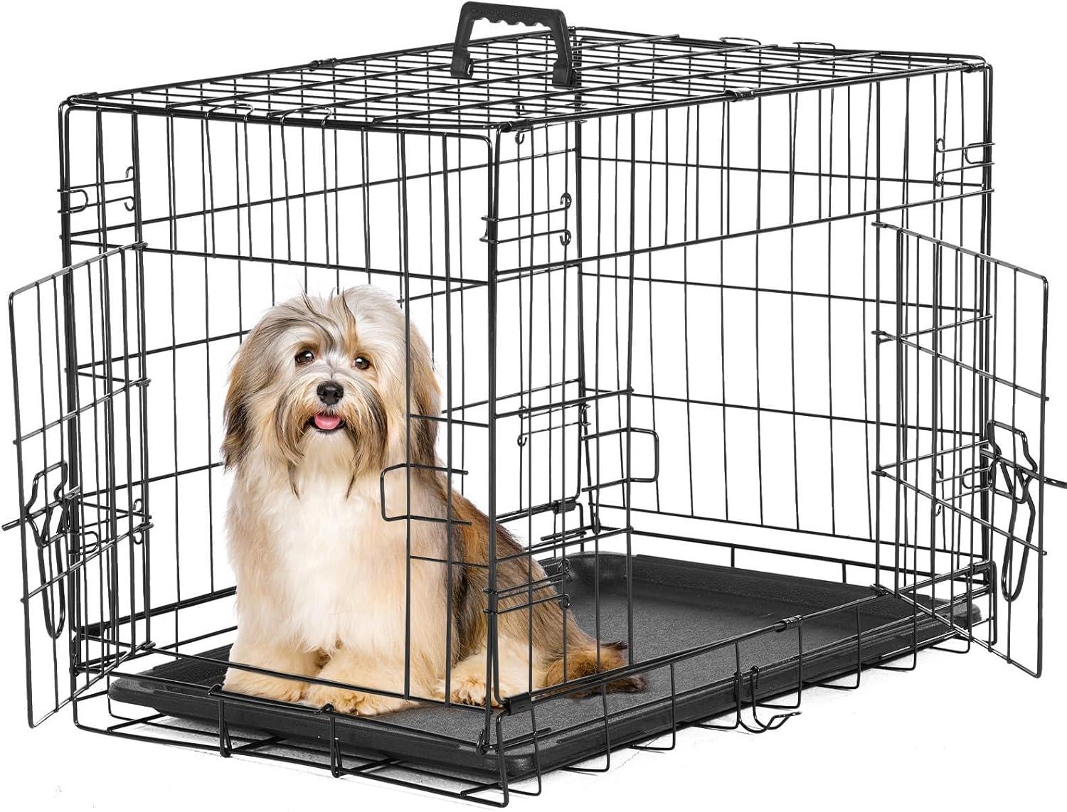EDX Big Dog Crate with Divider Panel, 48 Inch Double Door Folding Metal Wire Dog Cage with Plastic Leak-Proof Pan Tray