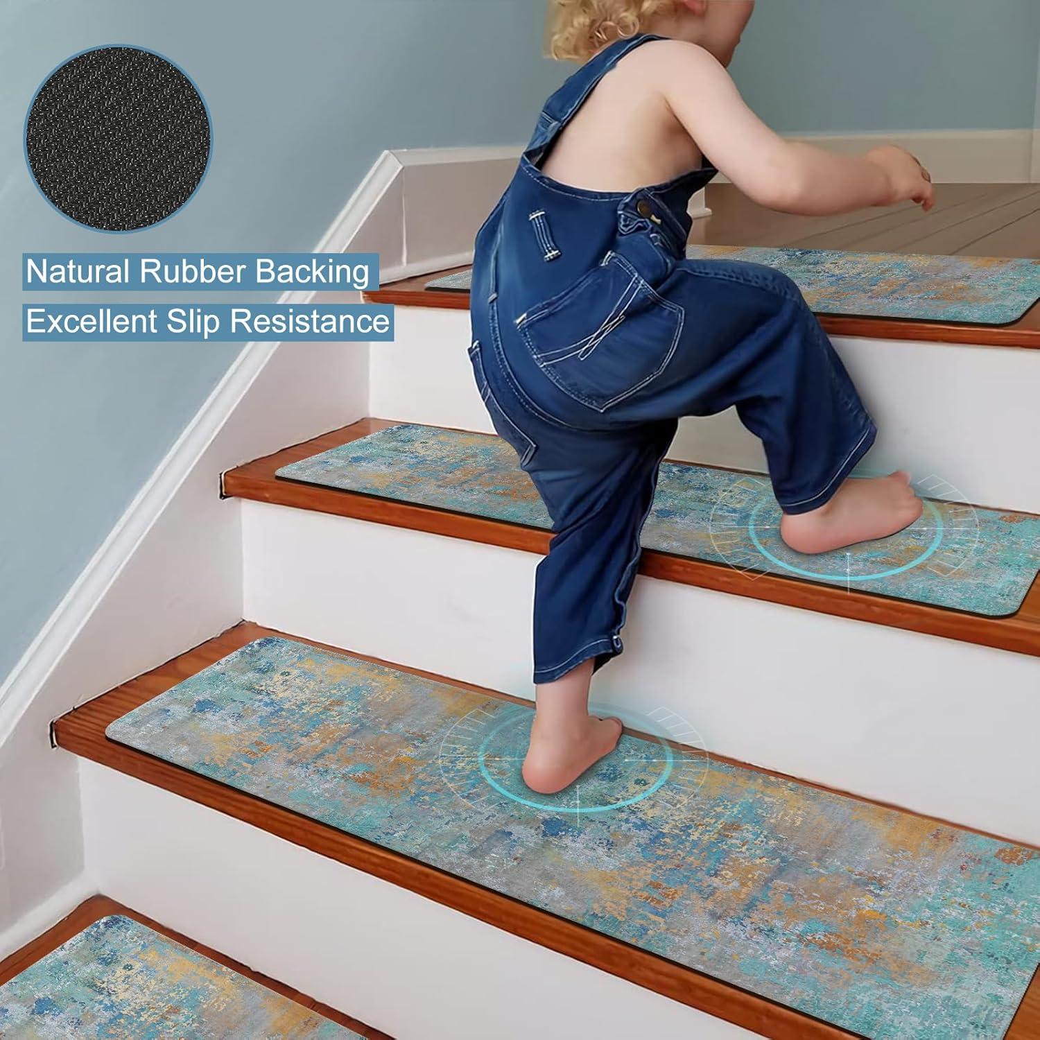 Stair Treads Non Slip for Wooden Steps, 15PCS 8"x30" Rosy Rubber Backing Stair Runner Mats