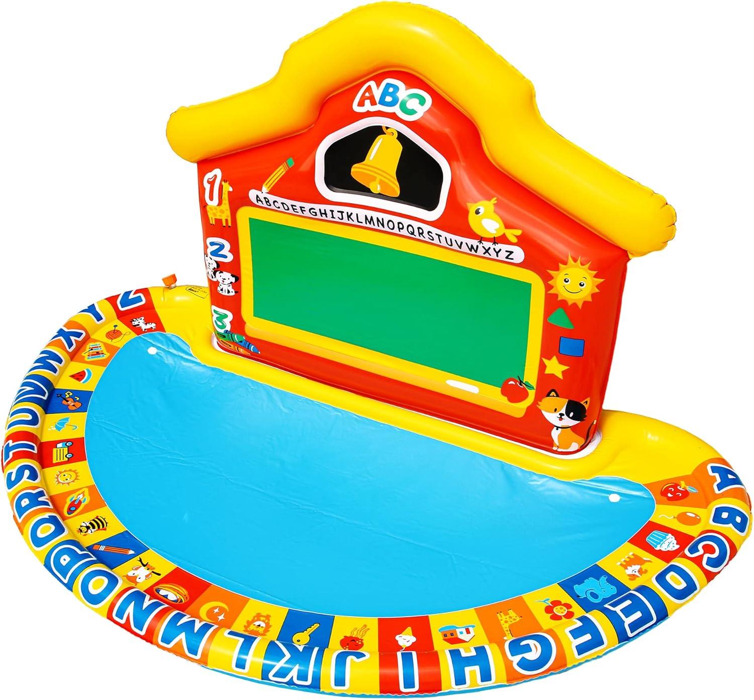 Banzai Jr School Splash Inflatable Educational Learning Schoolhouse Water Play Mat with 39 Letters, Numbers, and Shapes for Ages 3+