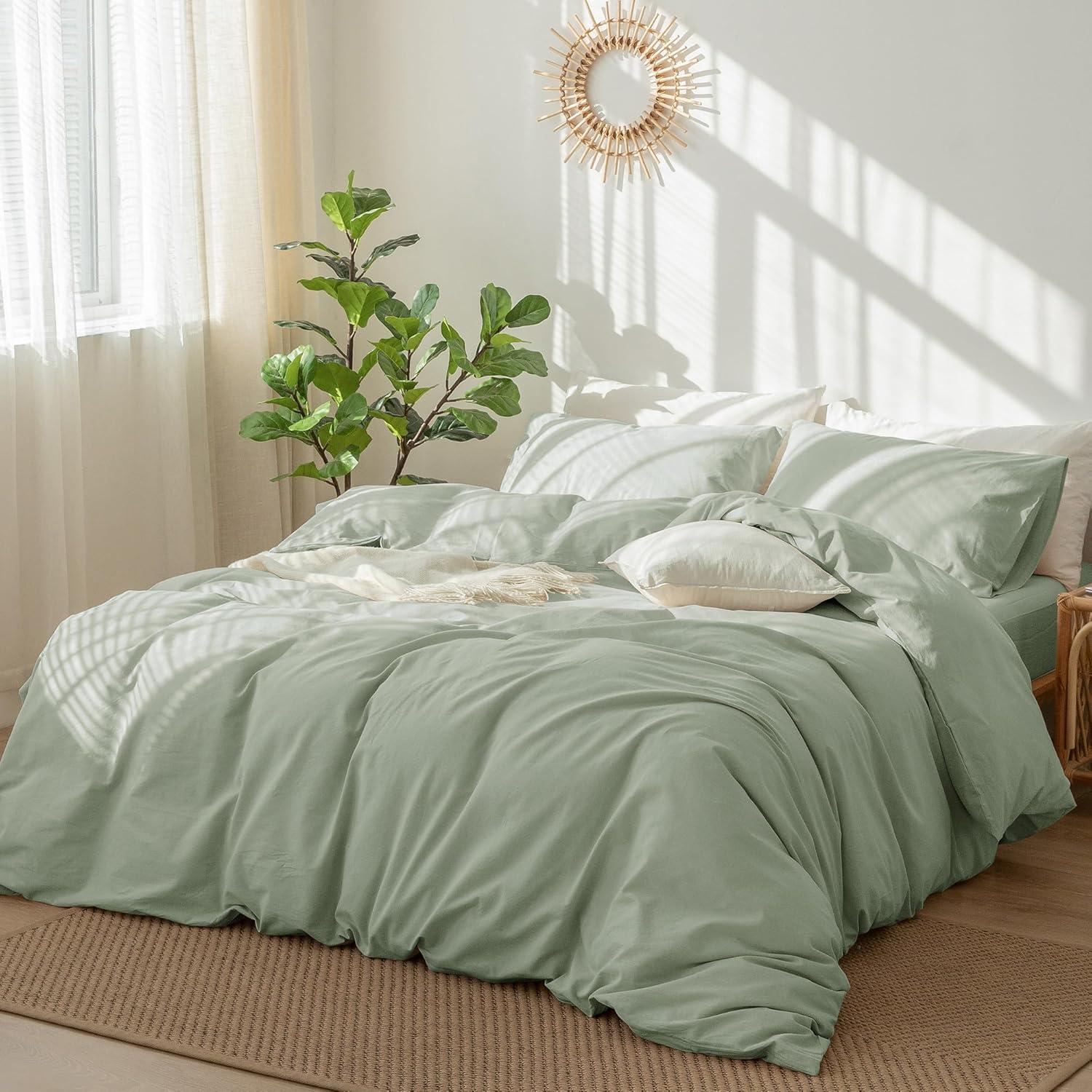 Sage Green King Linen-Like Cotton Duvet Cover Set