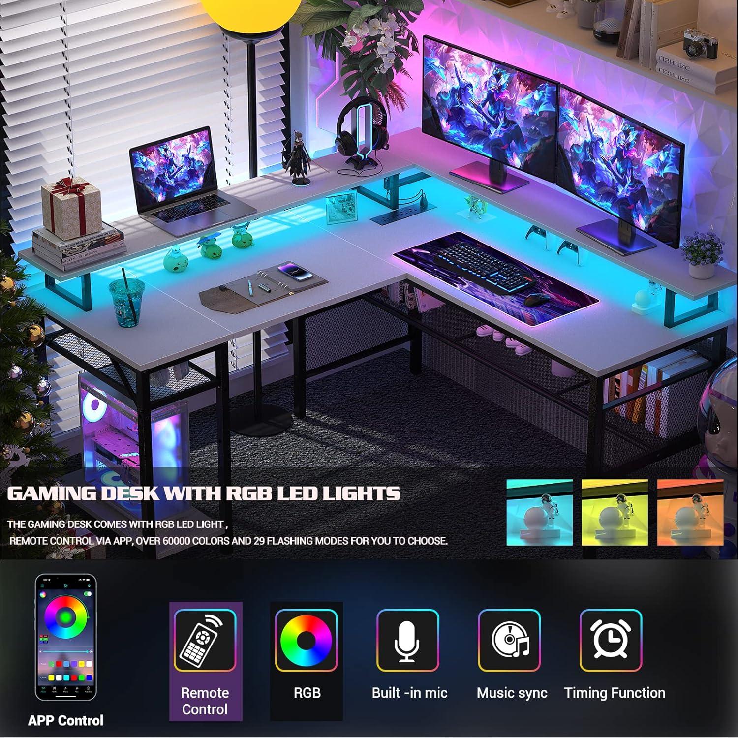 Unikito Reversible L Shaped Desk with Power Outlets and RGB LED Light, Sturdy Computer Desk with Ergonomic Monitor Stand and Storage Shelves, Corner Desk for Home Office, Easy Assembly, Black Oak