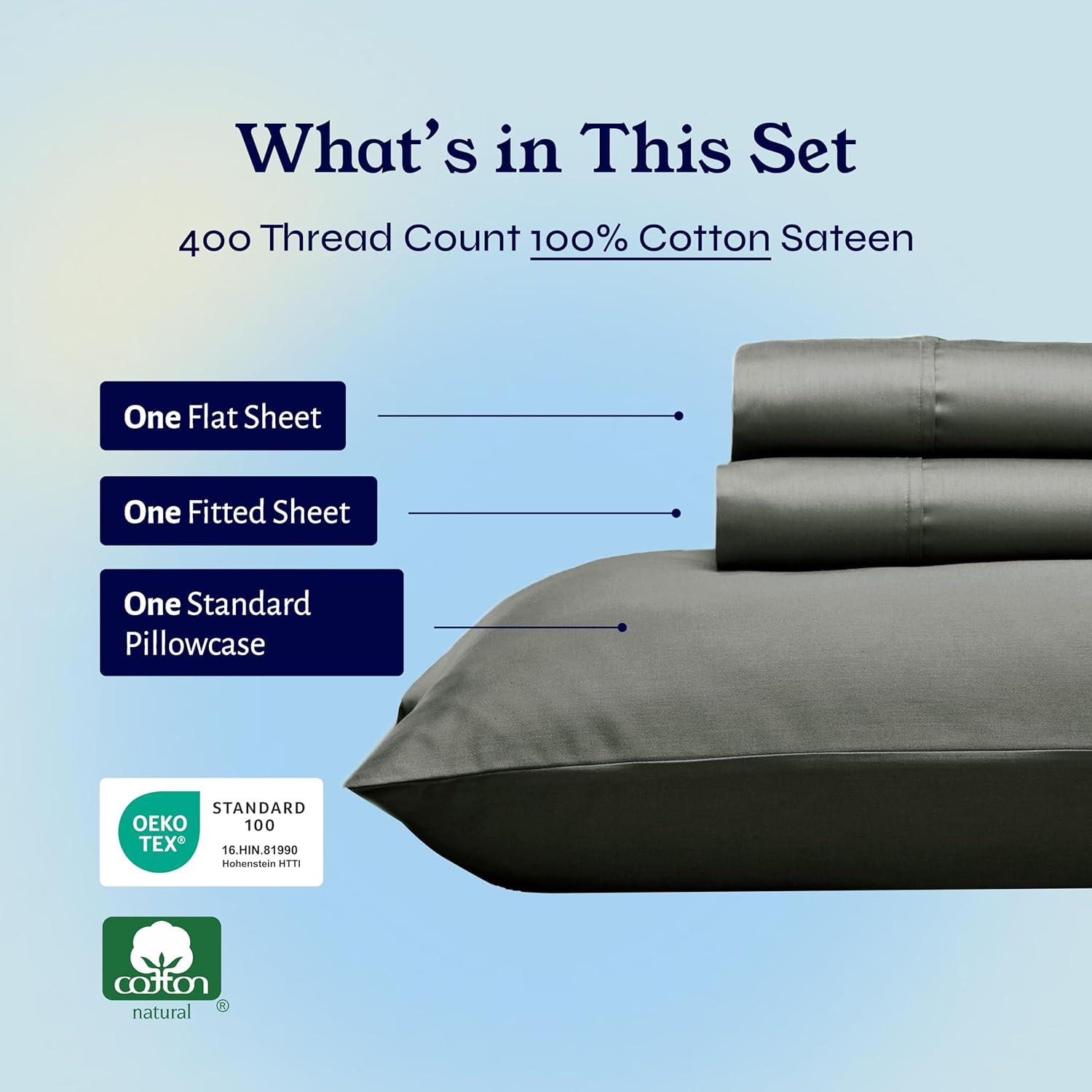 Dark Gray Twin XL Sheet Set - 100% Cotton Cooling Bed Sheets, 400 Thread Count Sateen Weave, Deep Pocket 3 Piece Bedding - California Design Den