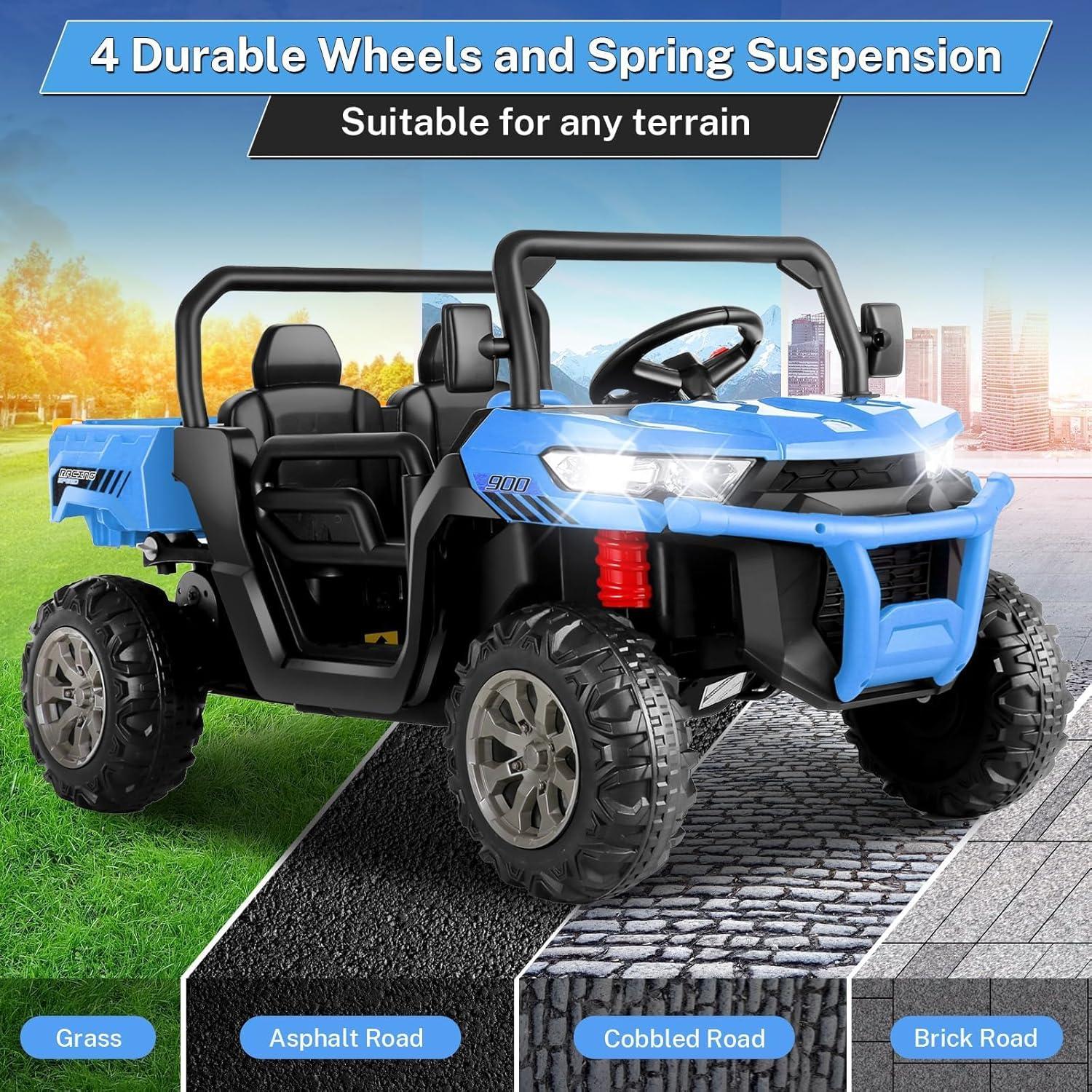 VIBESPARK 24 Volt Ride on Toys with Dump Bed, 2-Seater Ride on Dump Truck, 2×200W Electric Car for Kids Ride on UTV w/ Remote Control, Shovel, Bluetooth, Music, LED Light, 5MPH, Blue