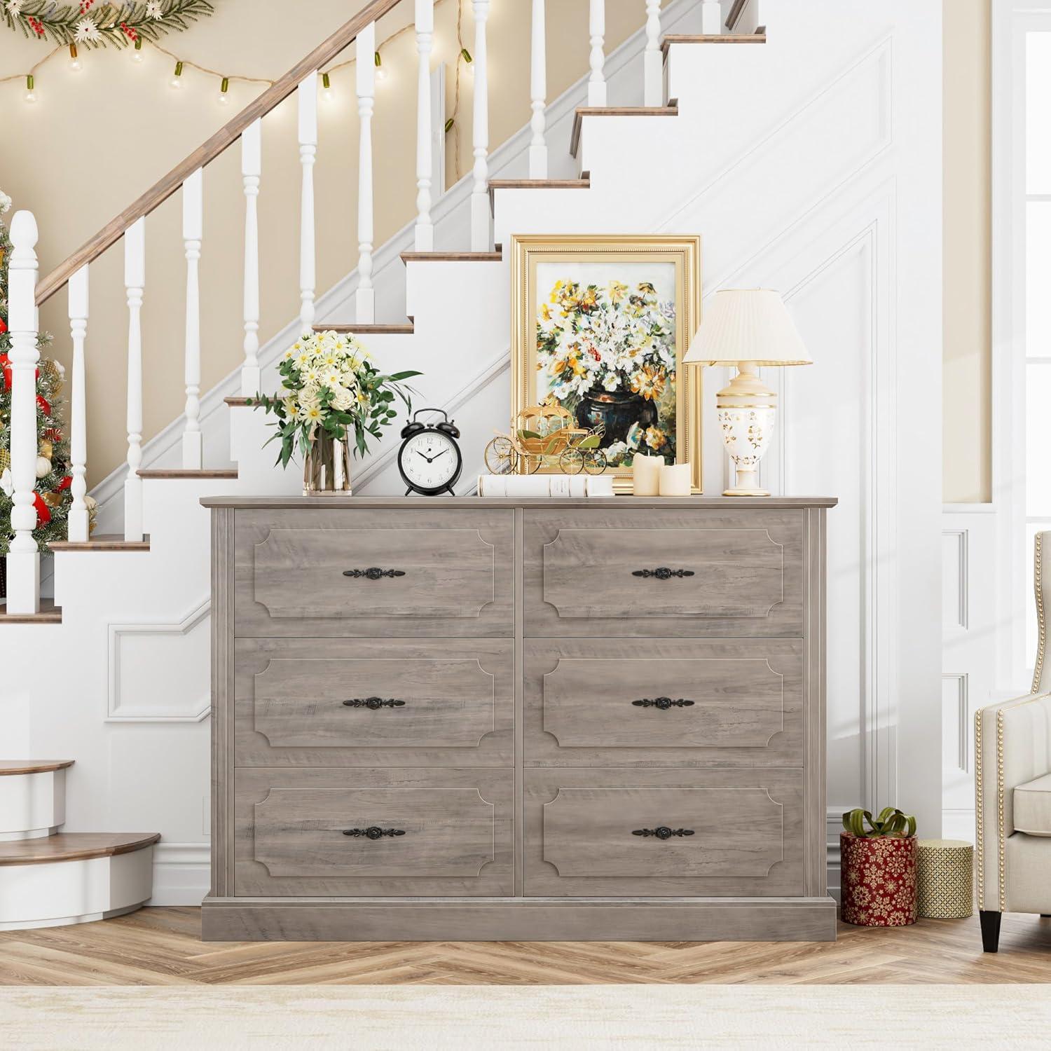 Litake Dresser for Bedroom with 6 Drawers, Wood Drawer Dresser Chest of Drawers for Closet, Living Room, Hallway, Nursery, Kids Bedroom, Light Grey