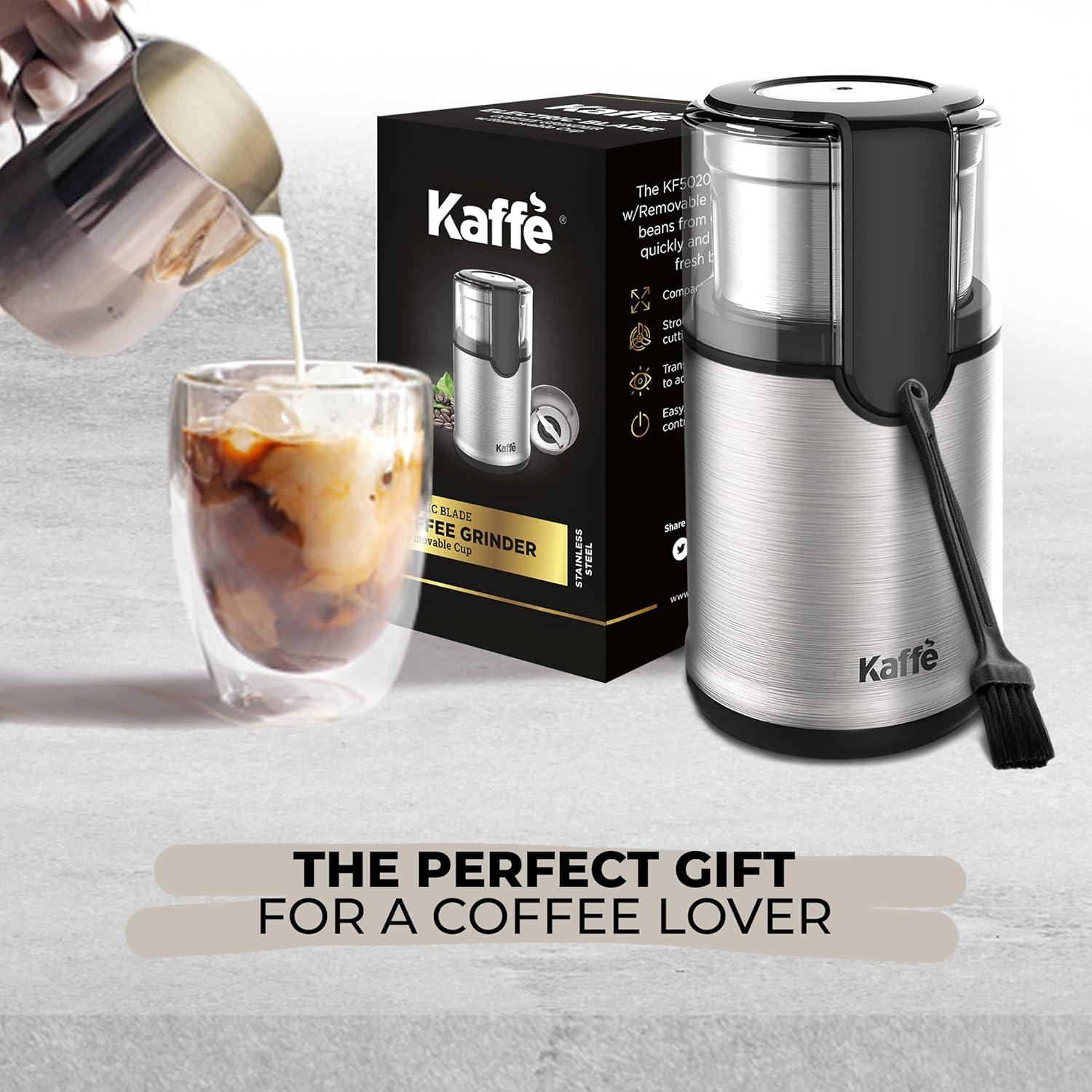 Kaffe Electric Blade Coffee Grinder w/Removable Cup. 4.5oz 14-Cup Capacity. Cleaning Brush Included. Perfect Grinder for Coffee, Tea, Spices, Corn, Herbs. (Stainless Steel)