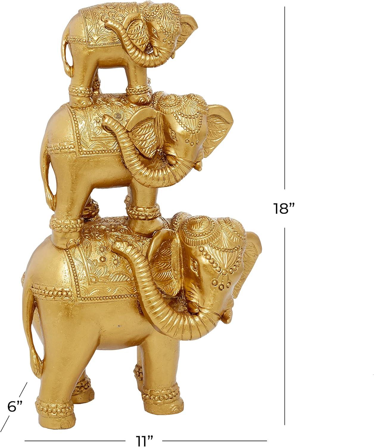 11" x 18" Gold Polystone Stacked Elephant Sculpture, by DecMode