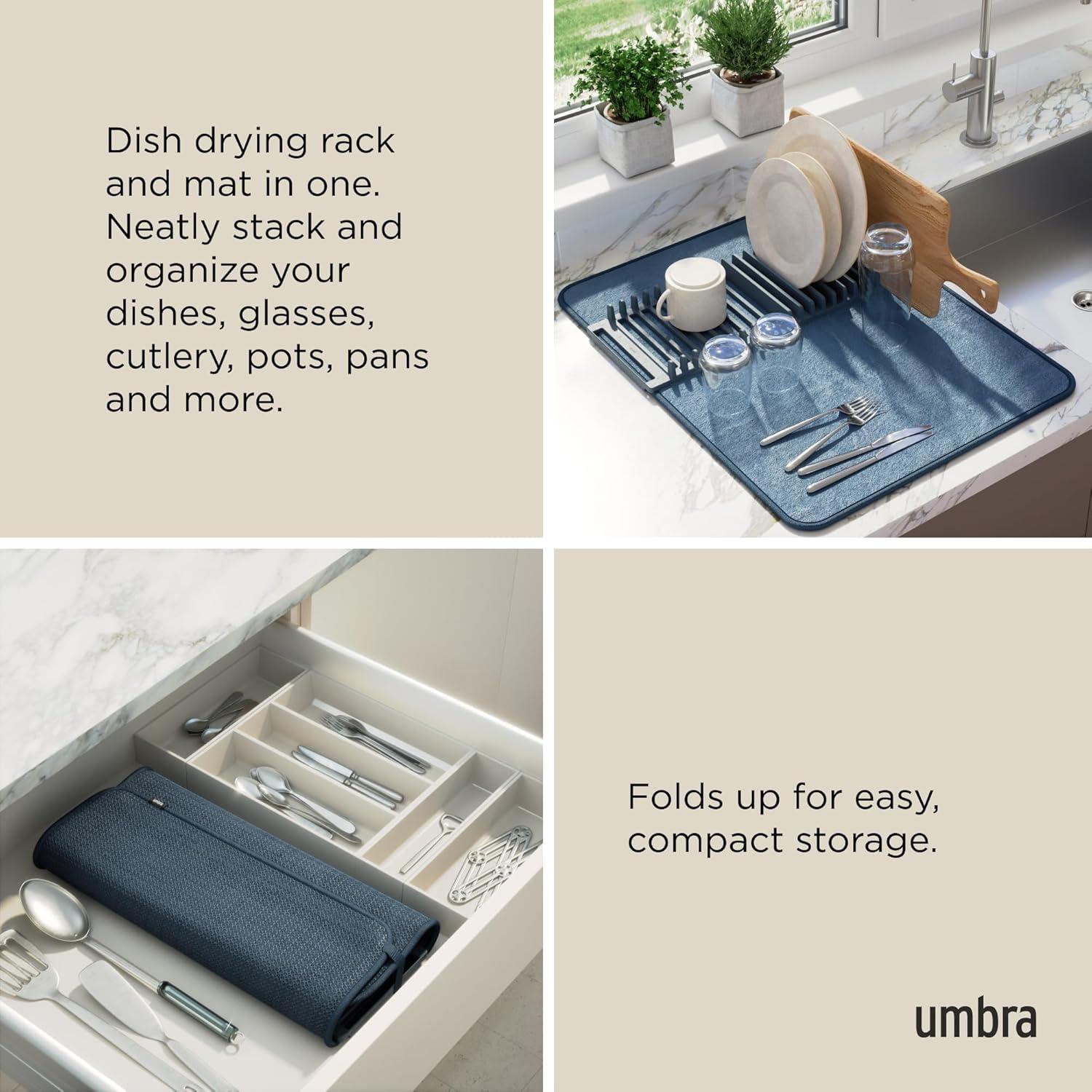 Umbra Udry Dish Drying Rack And Microfiber Dish Drying Mat - Space-Saving Lightweight Design Folds Up For Easy Storage, 24 X 18 Inches