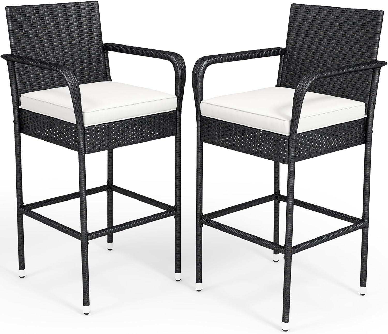 Winston Porter Winston Porter Set Of 2 Patio Wicker Counter Stools Outdoor Bar Height Chairs With Soft Cushions