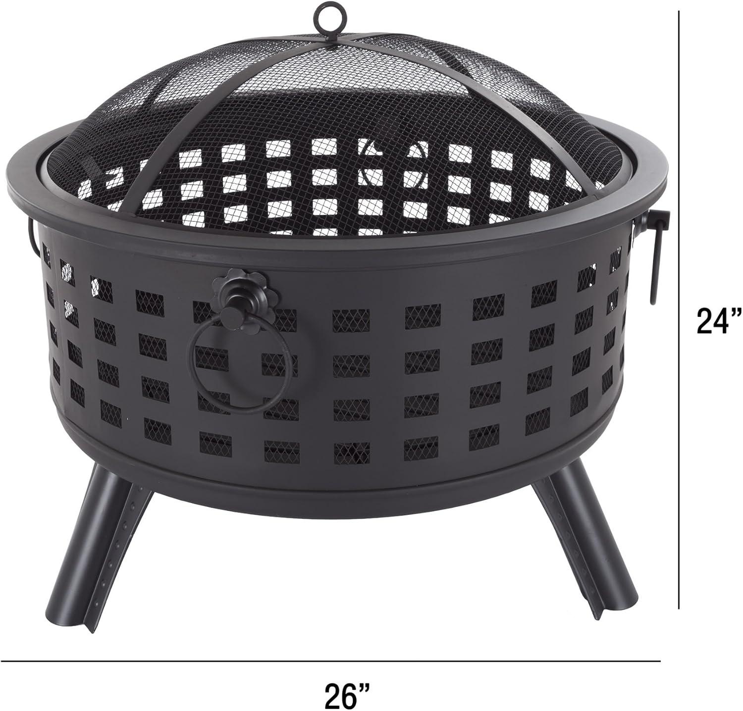 Black 26" Round Steel Wood Burning Fire Pit with Spark Screen