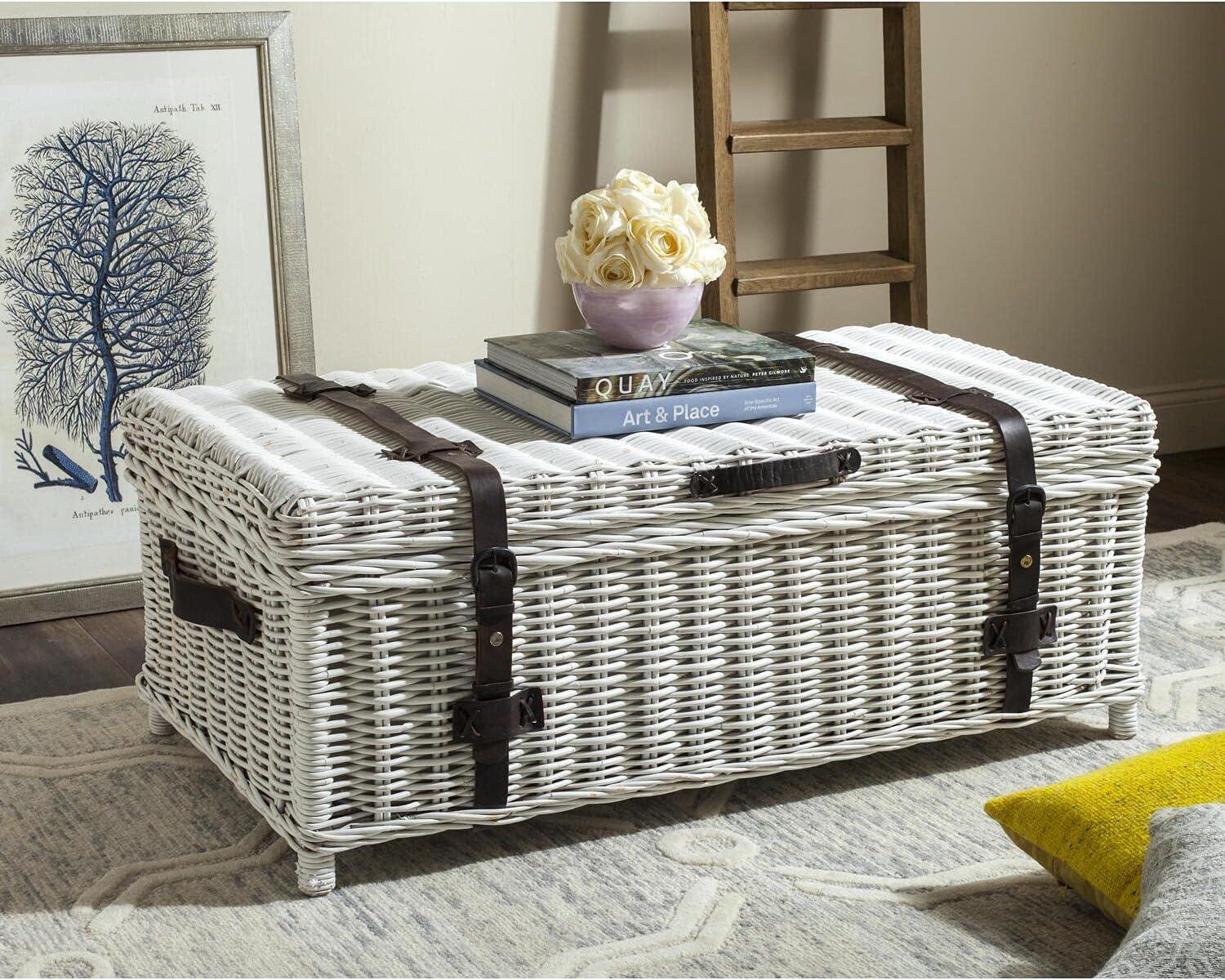 Transitional Gray Wood Storage Trunk Coffee Table with Faux Leather Straps