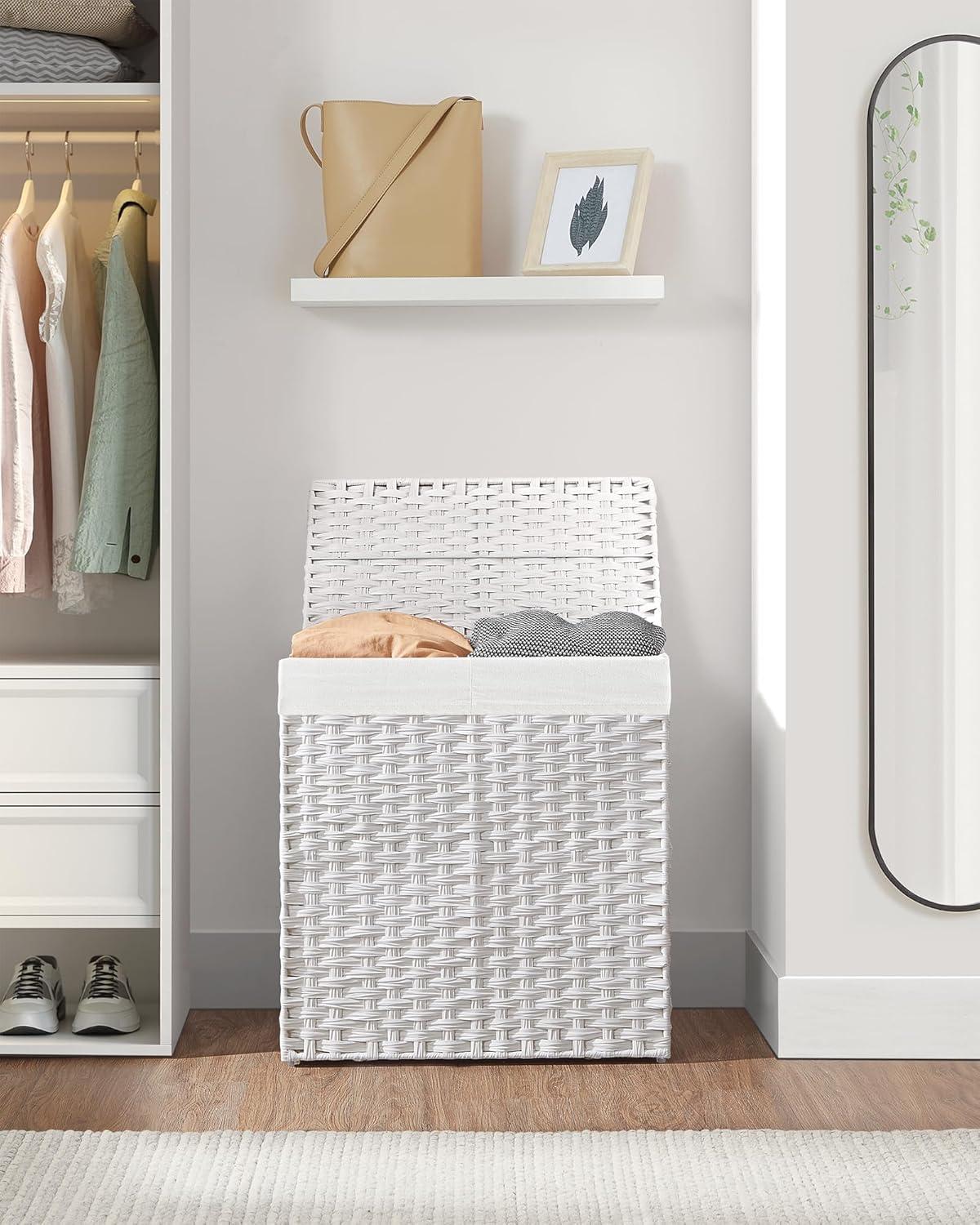 White Wicker Laundry Hamper with Lid and Liners