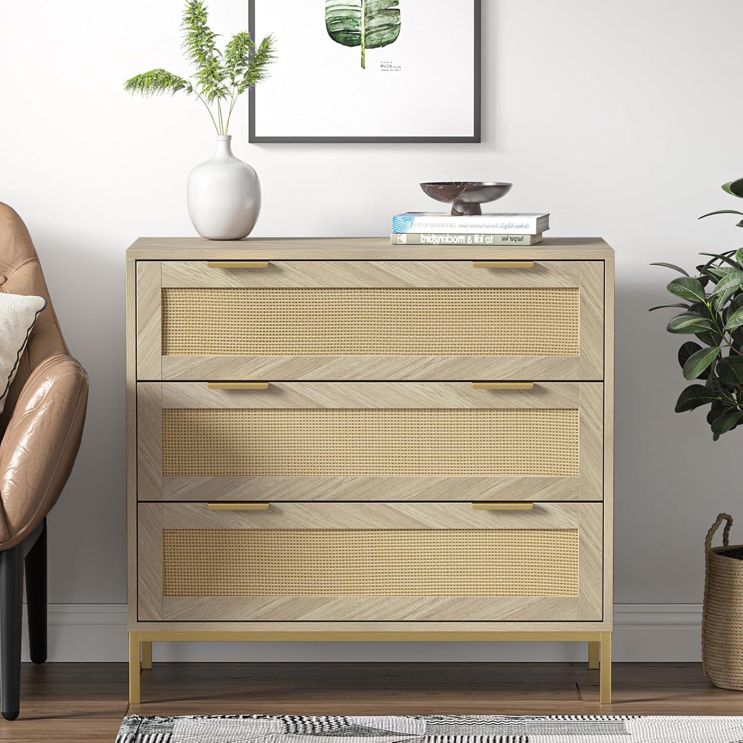 Anmytek 3 Drawer Cabinet for Bedroom, Oak Rattan Cabinet Closet Cabinet Chest of Drawers, Wood Cabinet 3 Drawer Storage Chest for Bedroom, Hallway, Nursery