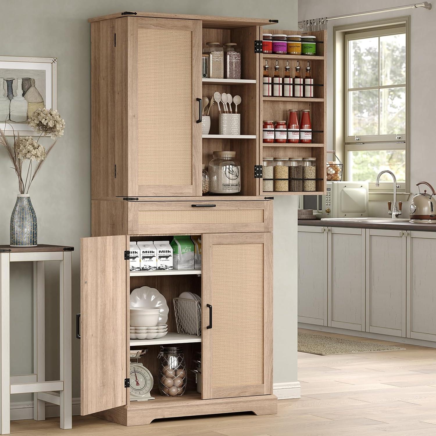 72'' Kitchen Storage Pantry Cabinet, Tall Deajah With 8 Door Shelves, 2 Cabinets And 1 Drawer, Freestanding Cupboard For Kitchen, Dining Room, Bathroom, Laundry