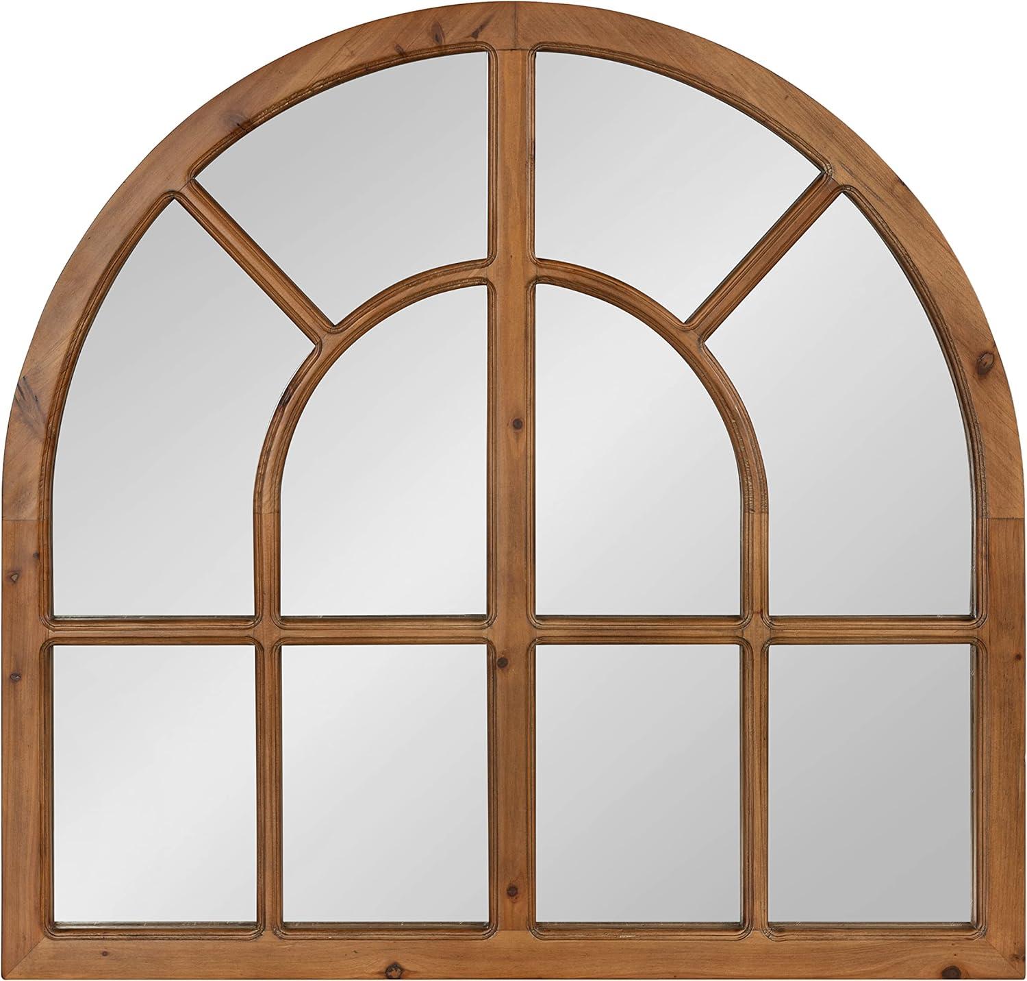 Rustic Brown Wood Arched Windowpane Wall Mirror