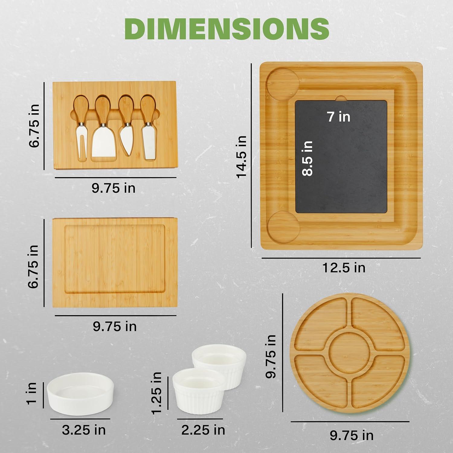 Expandable Bamboo Cheese Board Set with Ceramic Bowls and Utensils