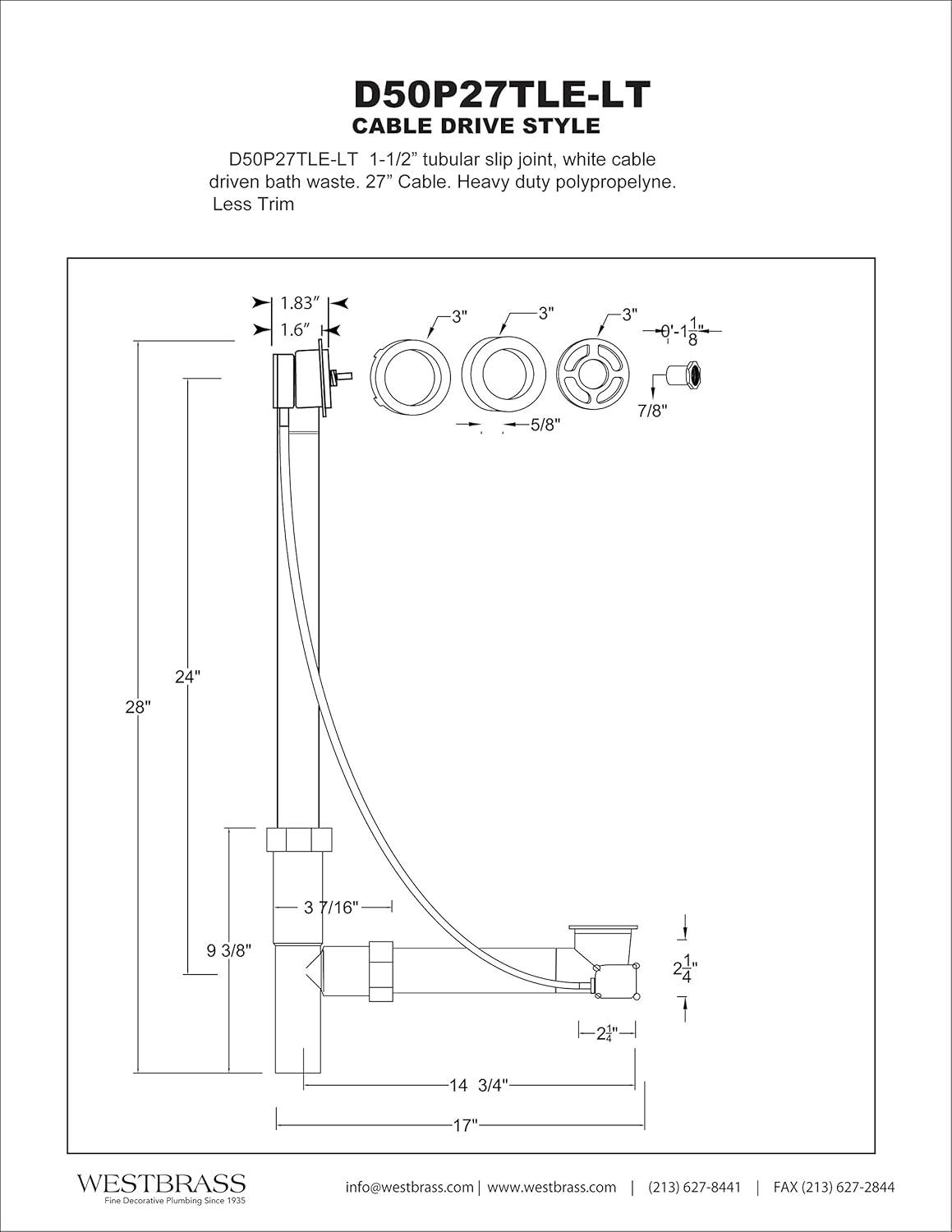 27" White Polyethylene Cable Drive Bathtub Drain Assembly