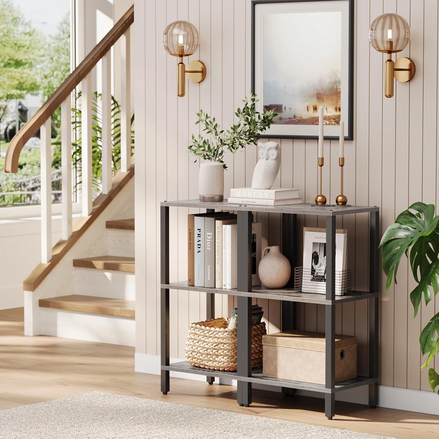 Greige and Black 6-Tier Tall Narrow Bookshelf