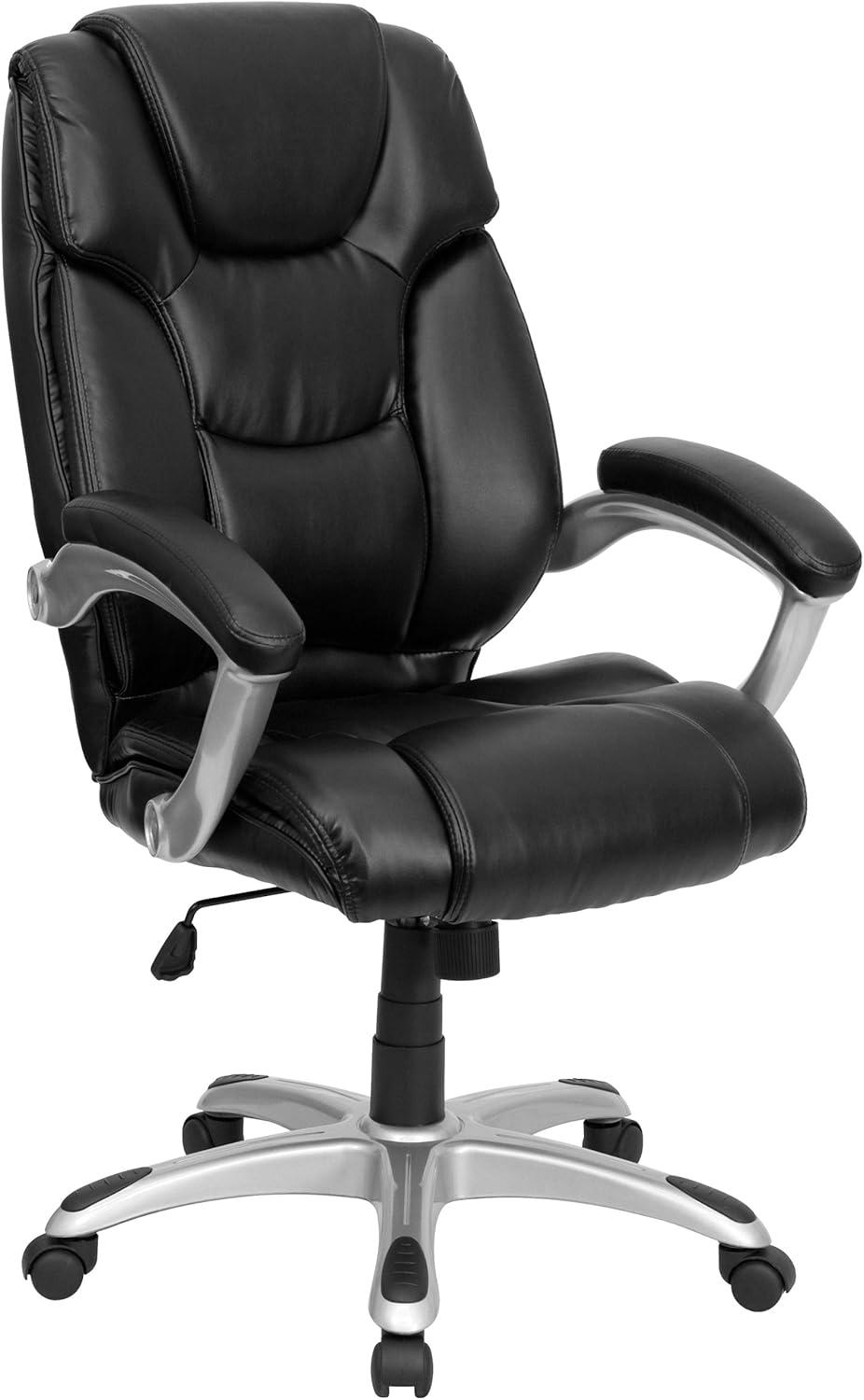 BizChair High Back Black LeatherSoft Layered Upholstered Executive Swivel Ergonomic Office Chair with Silver Nylon Base and Arms