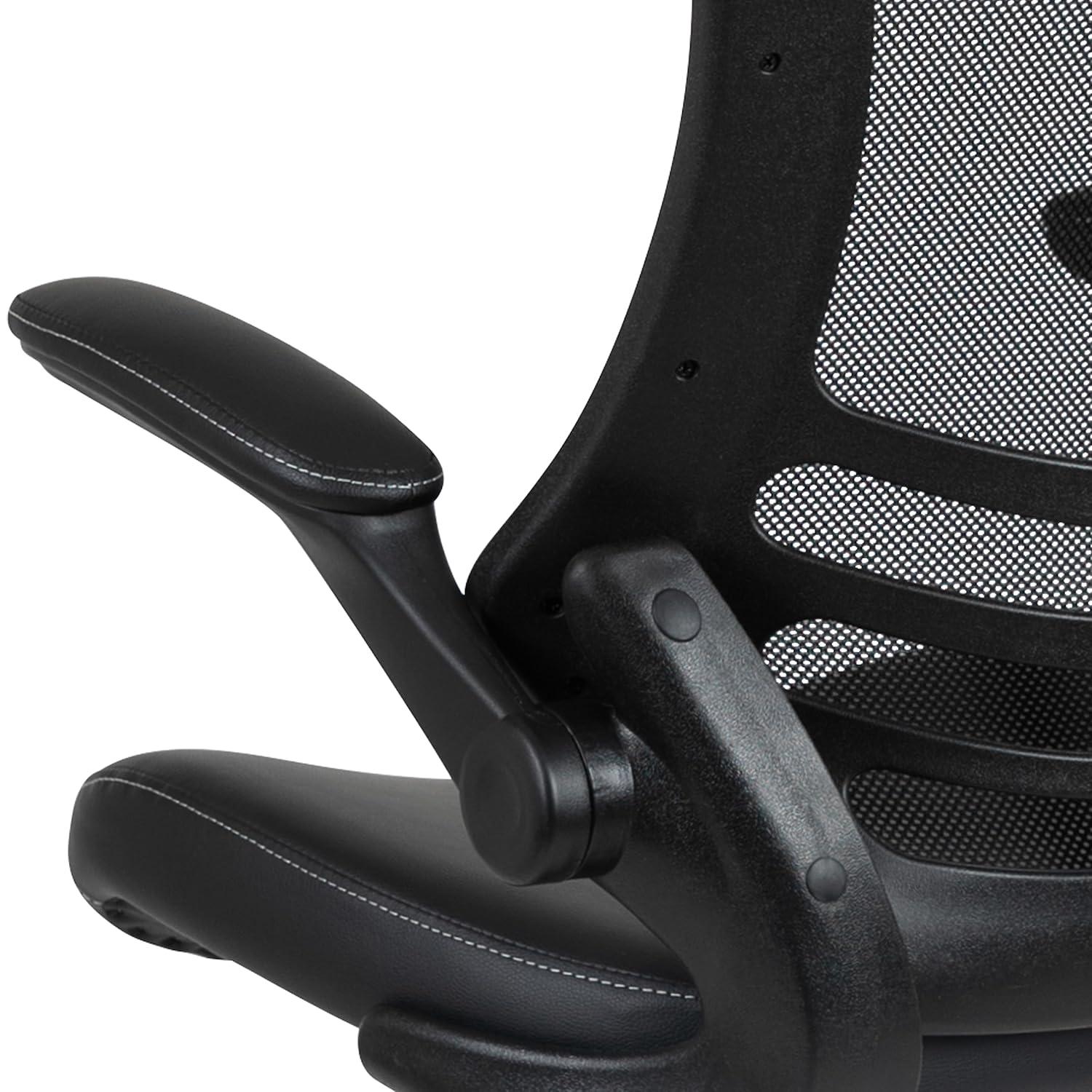 Flash Furniture Kelista Mid-Back Black Mesh Ergonomic Drafting Chair with LeatherSoft Seat, Adjustable Foot Ring and Flip-Up Arms