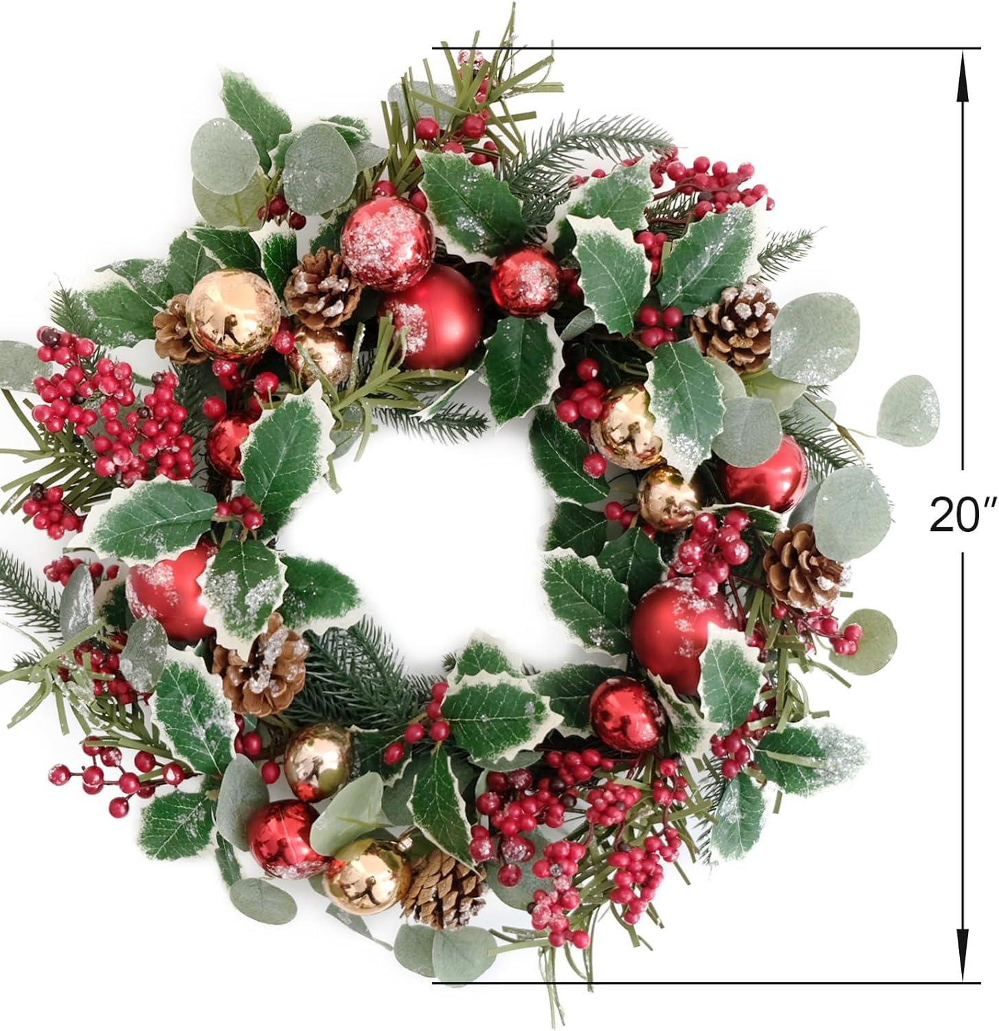 20 Inches Christmas Wreath,Artificial Christmas Wreaths For Front Door Christmas Grapevine Wreath With Pine Needles Pine Cones And Red Berries For Home Decor Christmas Winter Decorations