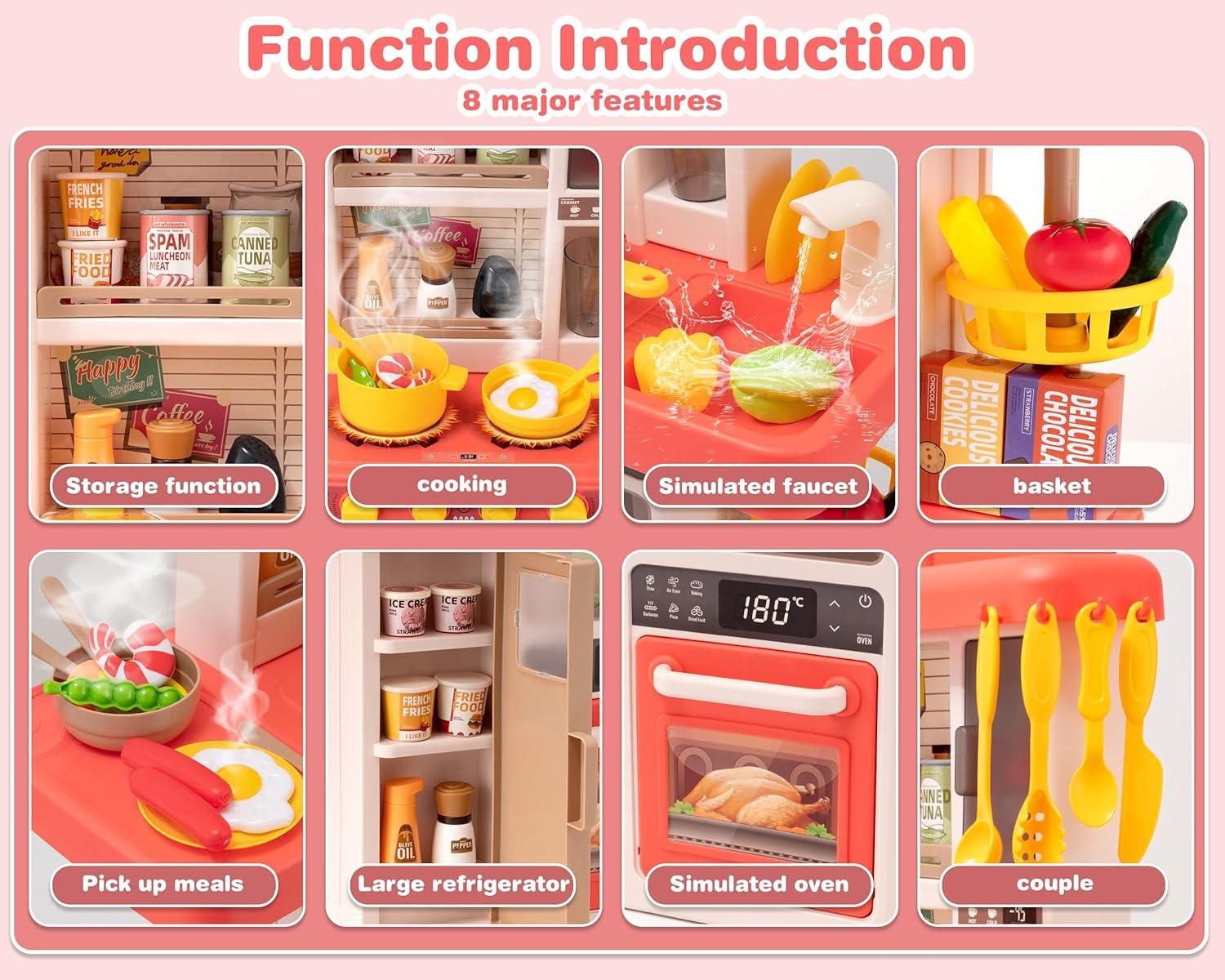 Koppop Kids Kitchen Playset 50pcs - with Sound, Light & Steam Effects, Pretend Play Toys Includes Food, Sink & Stove, Ideal for Boys & Girls Ages 3-6 (Red).