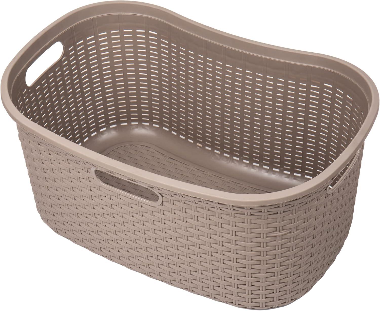 Mind Reader 40L Laundry Basket, Clothes Hamper, Lid, Wicker Design, Plastic, 23"L x 14.5"W x 11"H, Set of 2, Tan