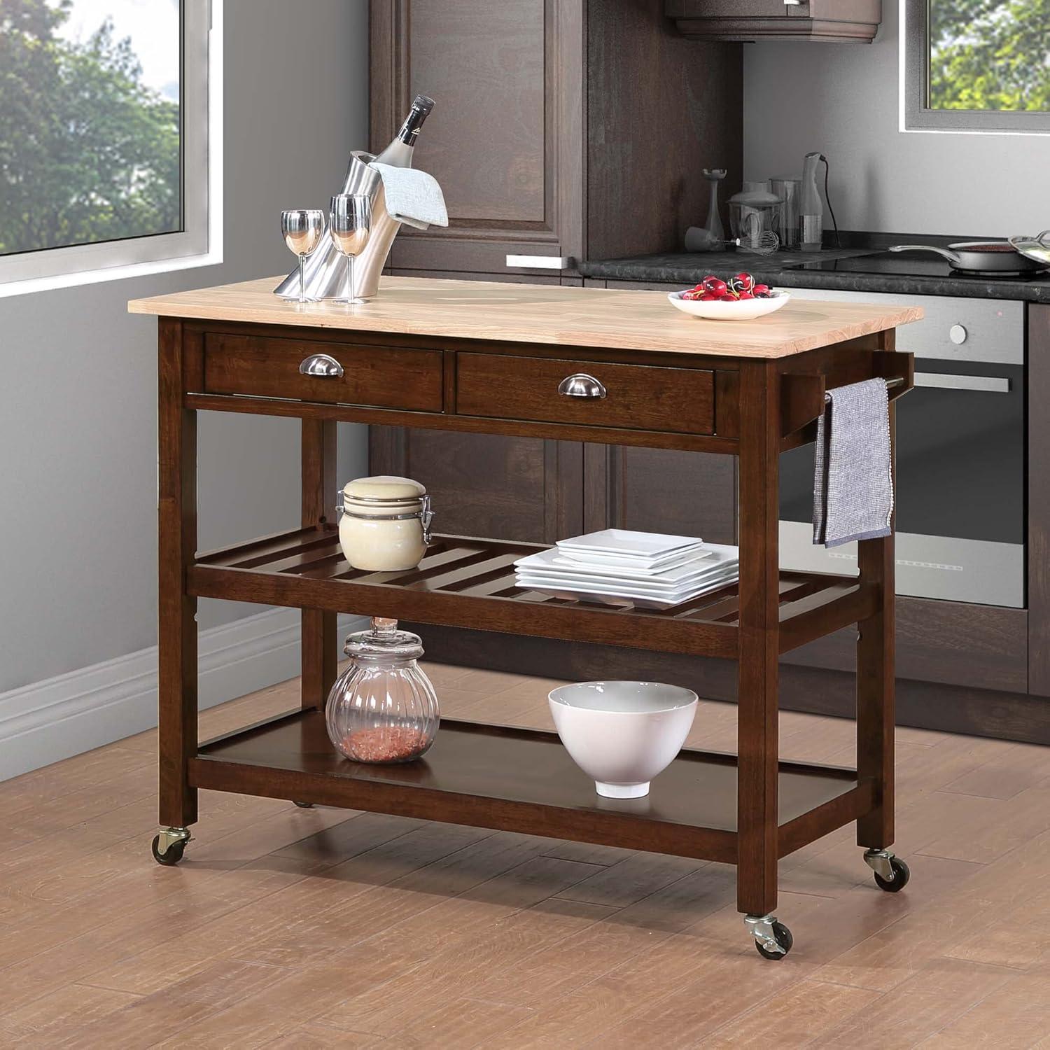 Convenience Concepts American Heritage 3 Tier Butcher Block Kitchen Cart with Drawers, Espresso/Butcher Block