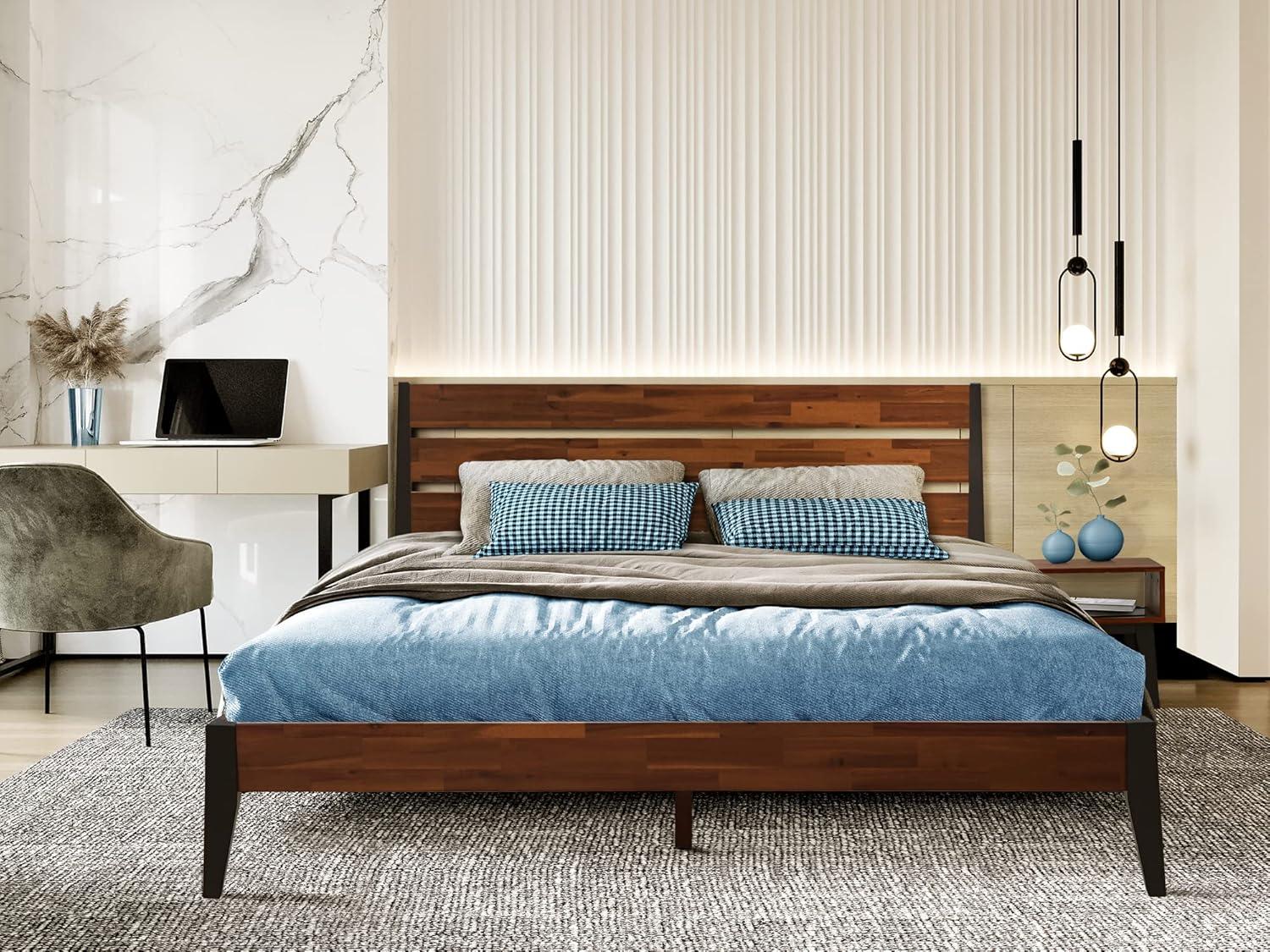 Acacia Emery 2-Pcs Bedroom Set – Solid Wood Platform Bed Frame & Matching Nightstand, Mid-Century Modern Farmhouse, 800 lbs Capacity, No Box Spring Needed