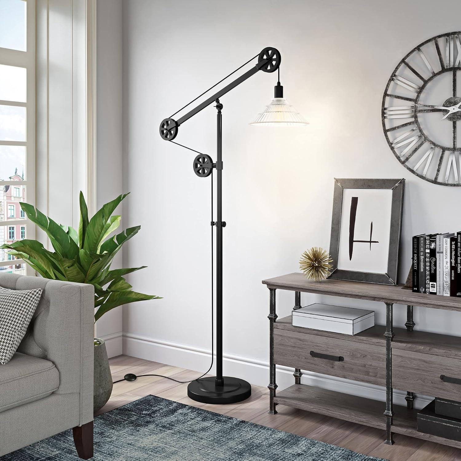 Adjustable Blackened Bronze Floor Lamp with Ribbed Glass Shade and Smart Home Compatibility, 70" Tall