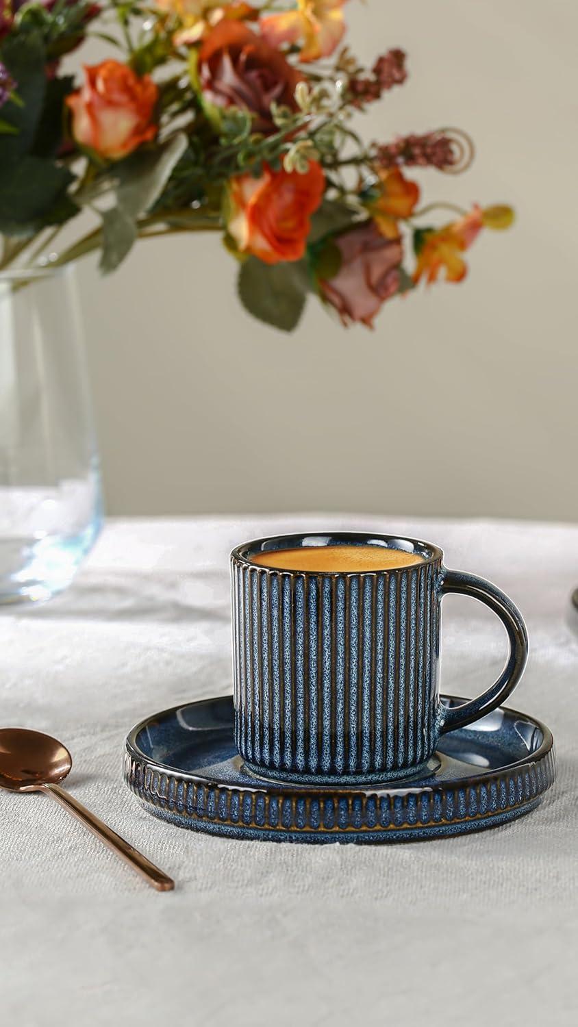 Espresso Cups and Saucers Set of 4, [ Mini ] 3 oz Ceramic Small Coffee Mug with Handle, Ribbed Stoneware Demitasse Cup for Tea, Latte - Microwave & Dishwasher Safe - Nebulas Blue