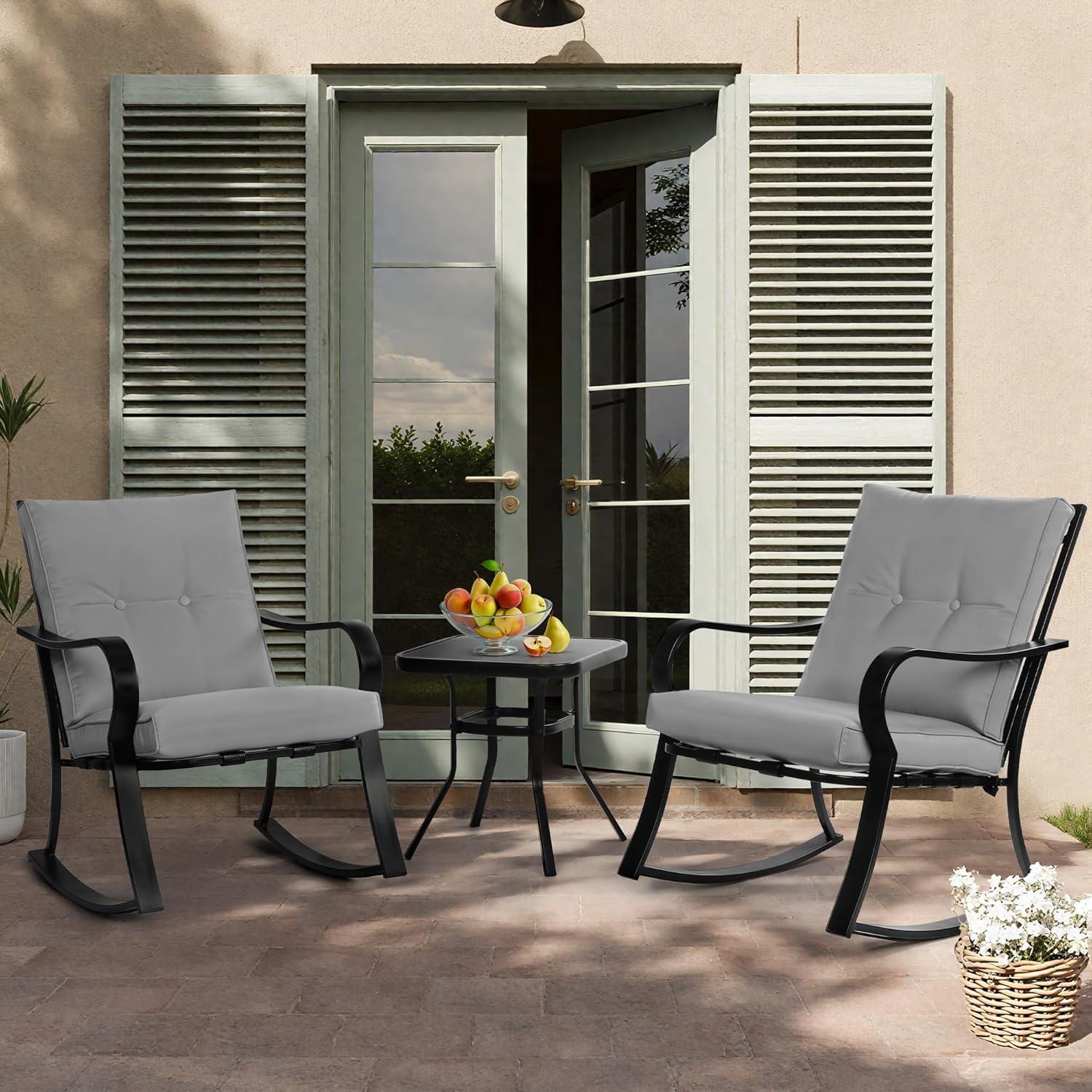 Crownland Outdoor Rocking Chairs Patio Furniture 3 Piece Patio Set Bistro Table Set Black Iron with Thickened Cushions and Glass Coffee Table, Grey