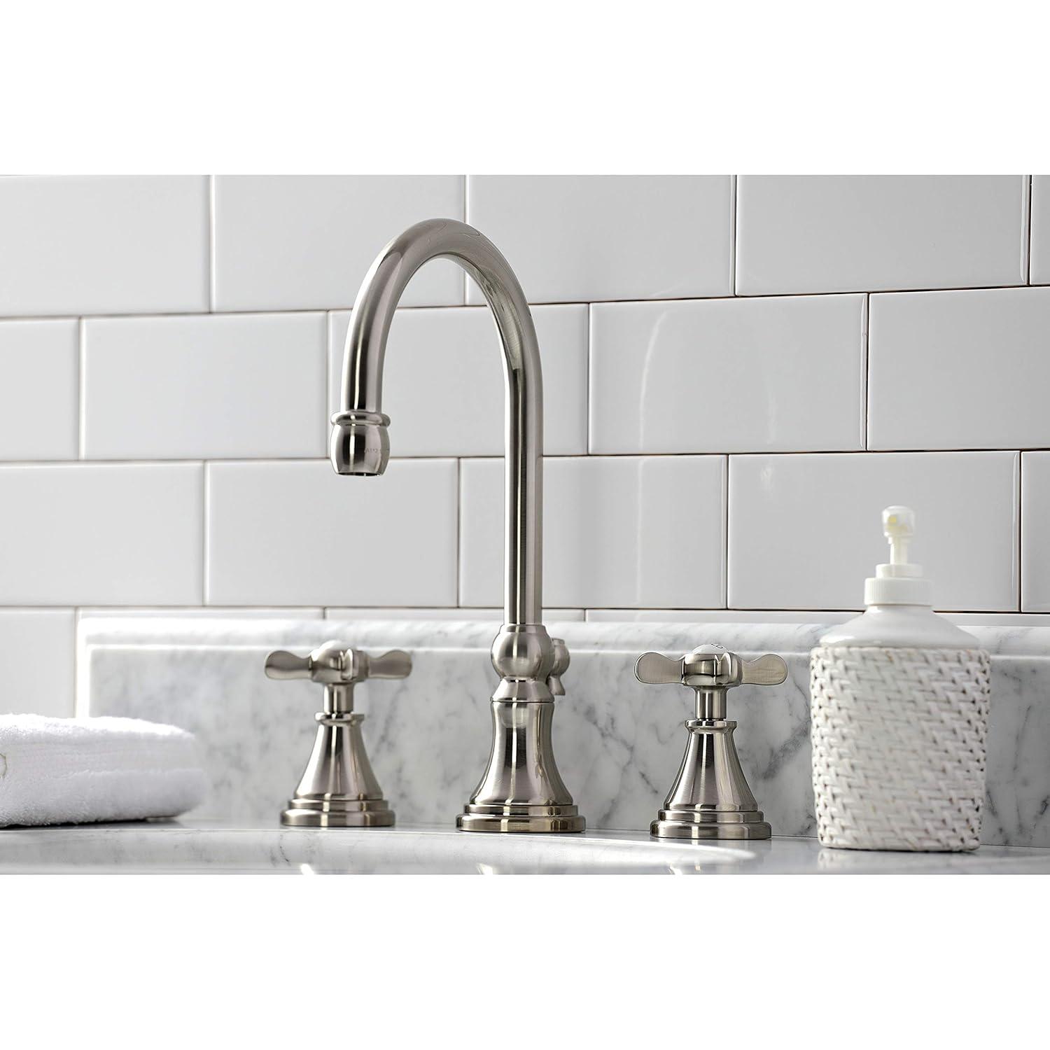 Kingston Brass Kingston Brass Essex Two-Handle 3-Hole Deck Mount Widespread Bathroom Faucet with Brass Pop-Up Drain KS2988BEX