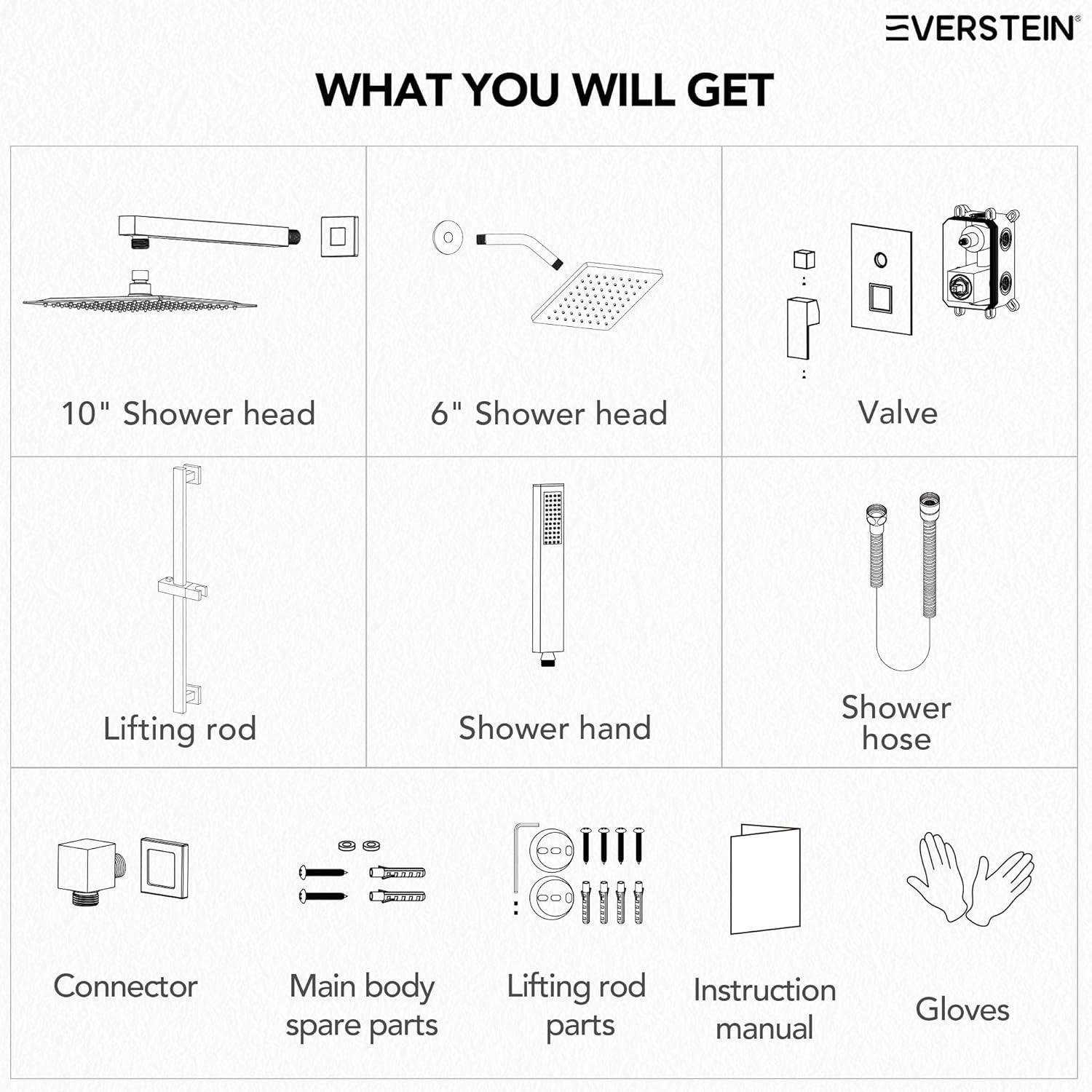 EVERSTEIN DualJetSpa 10-Inch High-Pressure Rainfall Shower Faucet with Handheld Spray, Wall Mount Dual Showerheads System with Slide Bar and Rough-in Valve SFS-1059-BK10